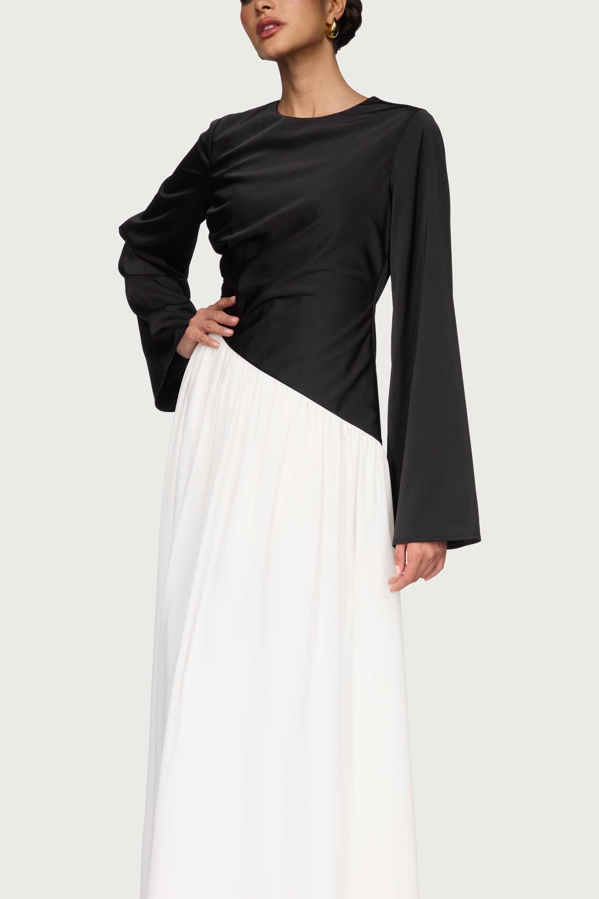 Layal Rouched Contrast Asymmetrical Maxi Dress - Black Dresses Veiled