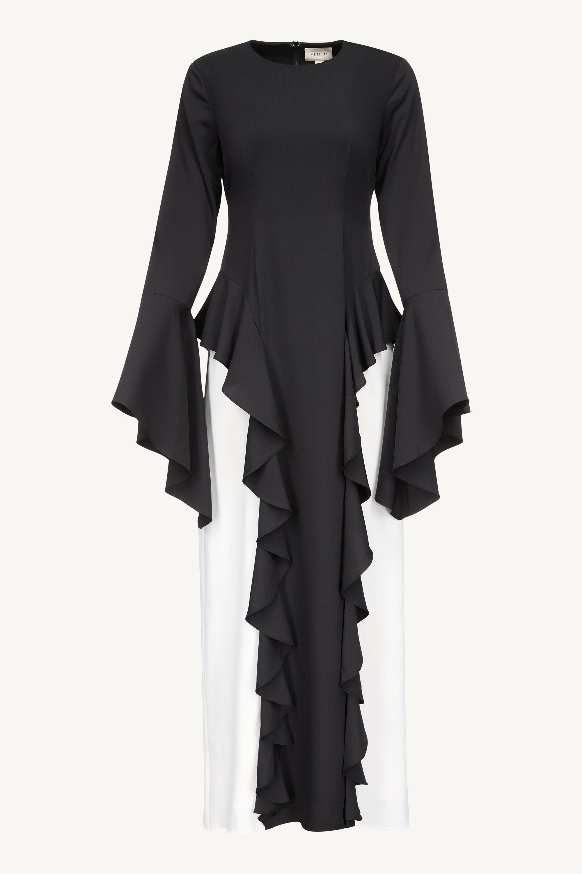 Leen Contrast Ruffle Maxi Dress - Black Dresses Veiled