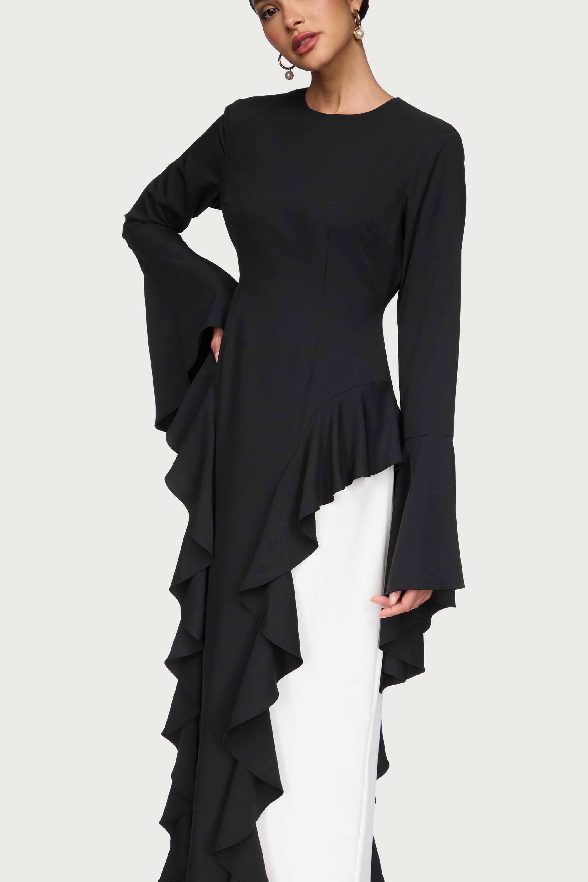Leen Contrast Ruffle Maxi Dress - Black Dresses Veiled