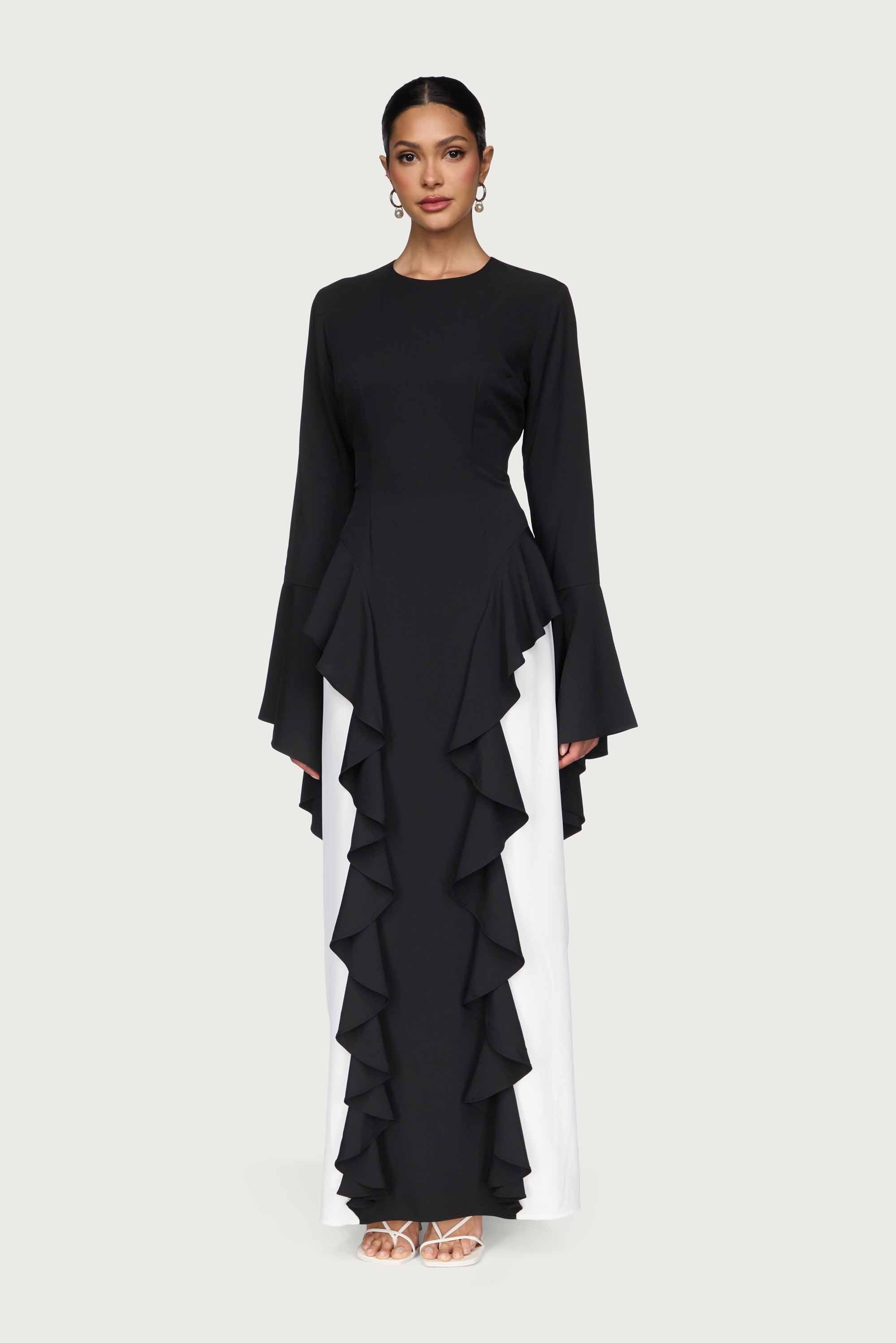Leen Contrast Ruffle Maxi Dress - Black Dresses Veiled