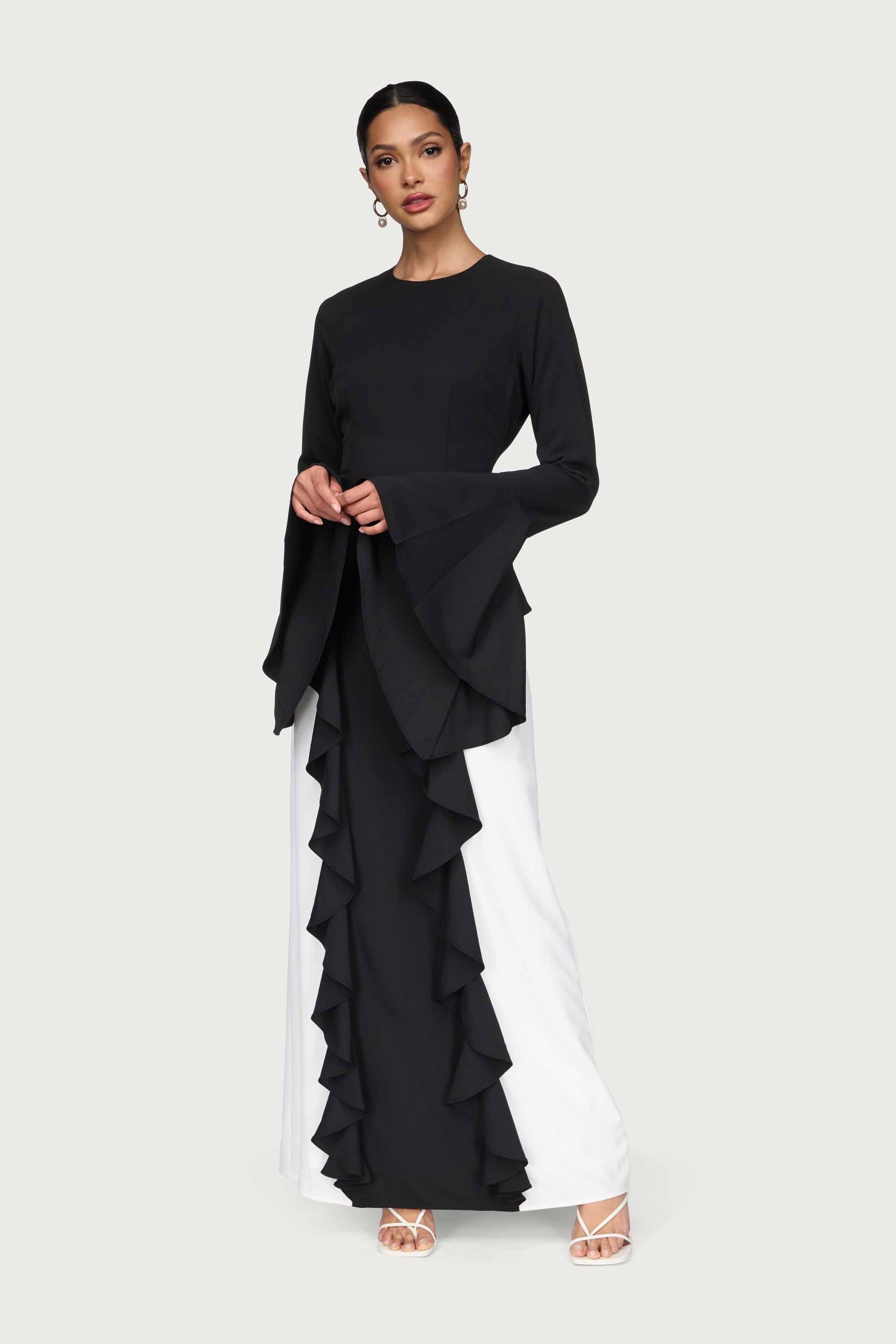 Leen Contrast Ruffle Maxi Dress - Black Dresses Veiled