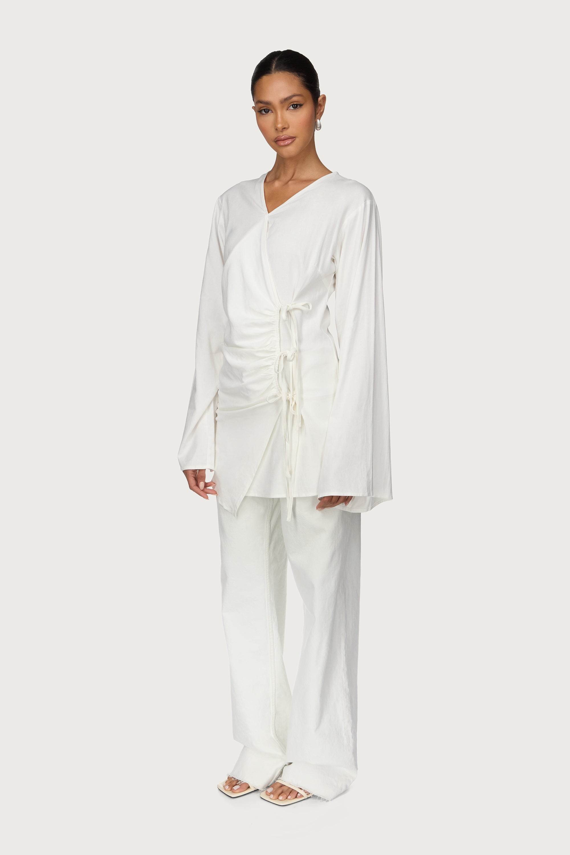 Linen Asymmetric Tie Top - White Abayas Veiled
