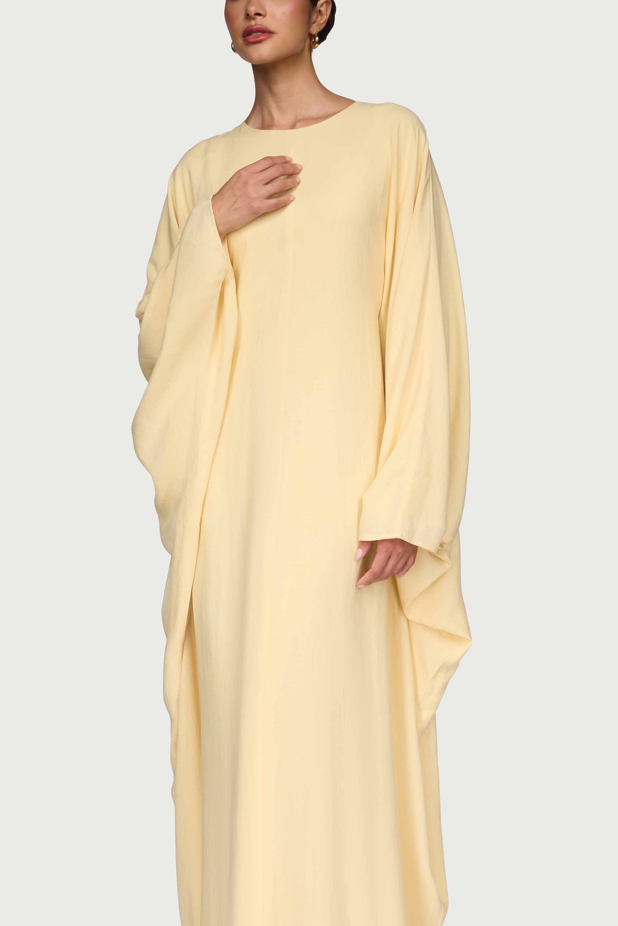 Linen Blend Butterfly Inner Tie Maxi Dress - Butter Yellow Abayas Veiled
