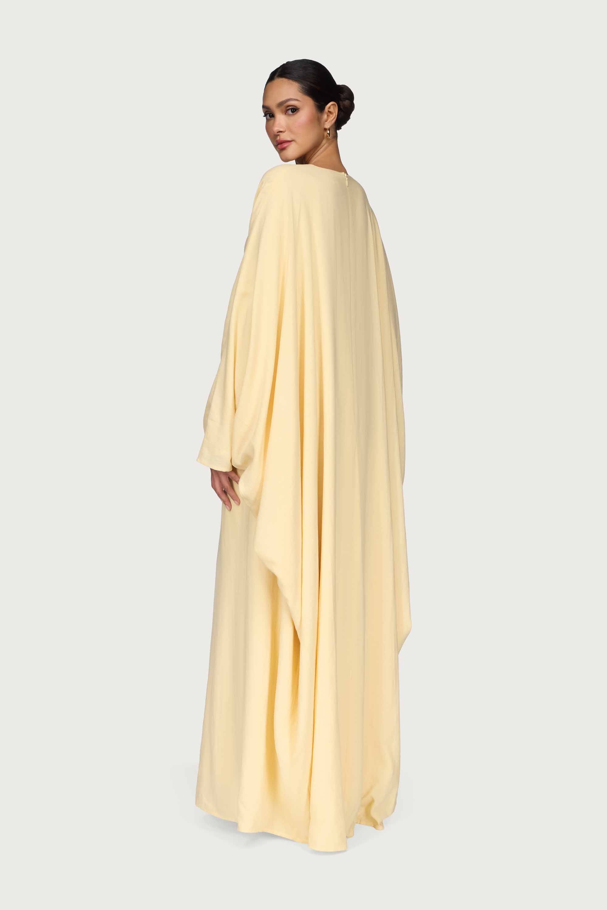 Linen Blend Butterfly Inner Tie Maxi Dress - Butter Yellow Abayas Veiled