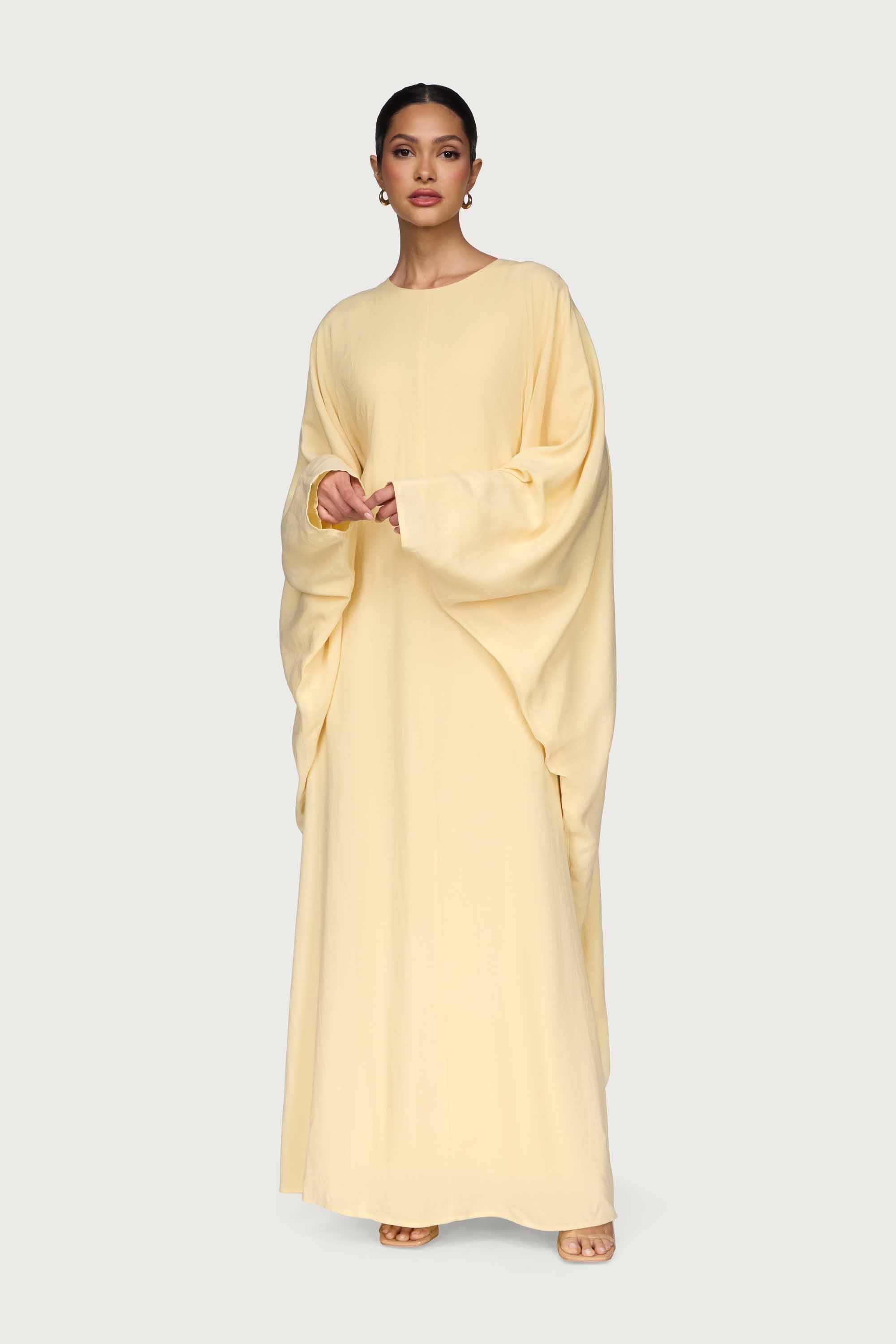 Linen Blend Butterfly Inner Tie Maxi Dress - Butter Yellow Abayas Veiled