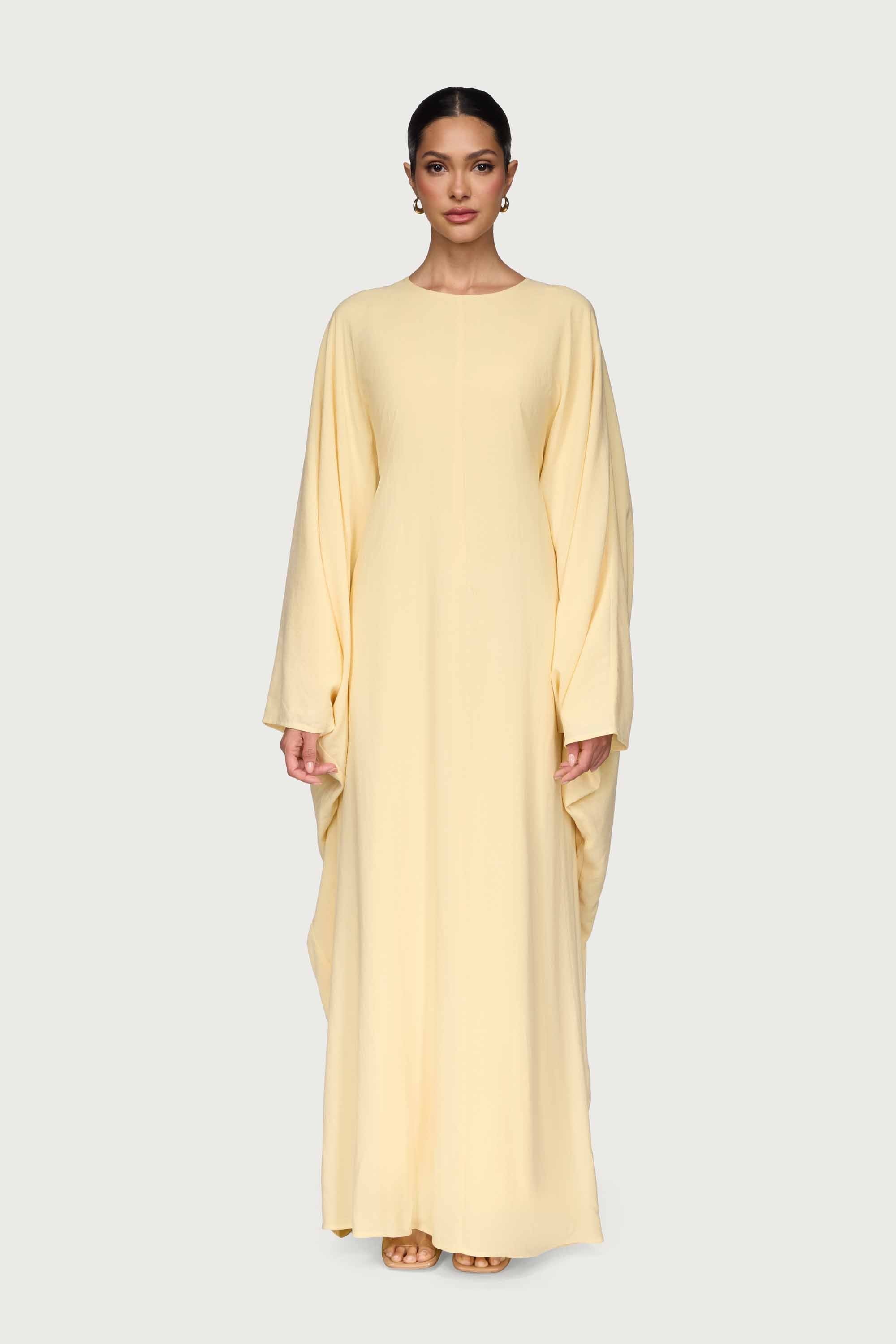 Linen Blend Butterfly Inner Tie Maxi Dress - Butter Yellow Abayas Veiled