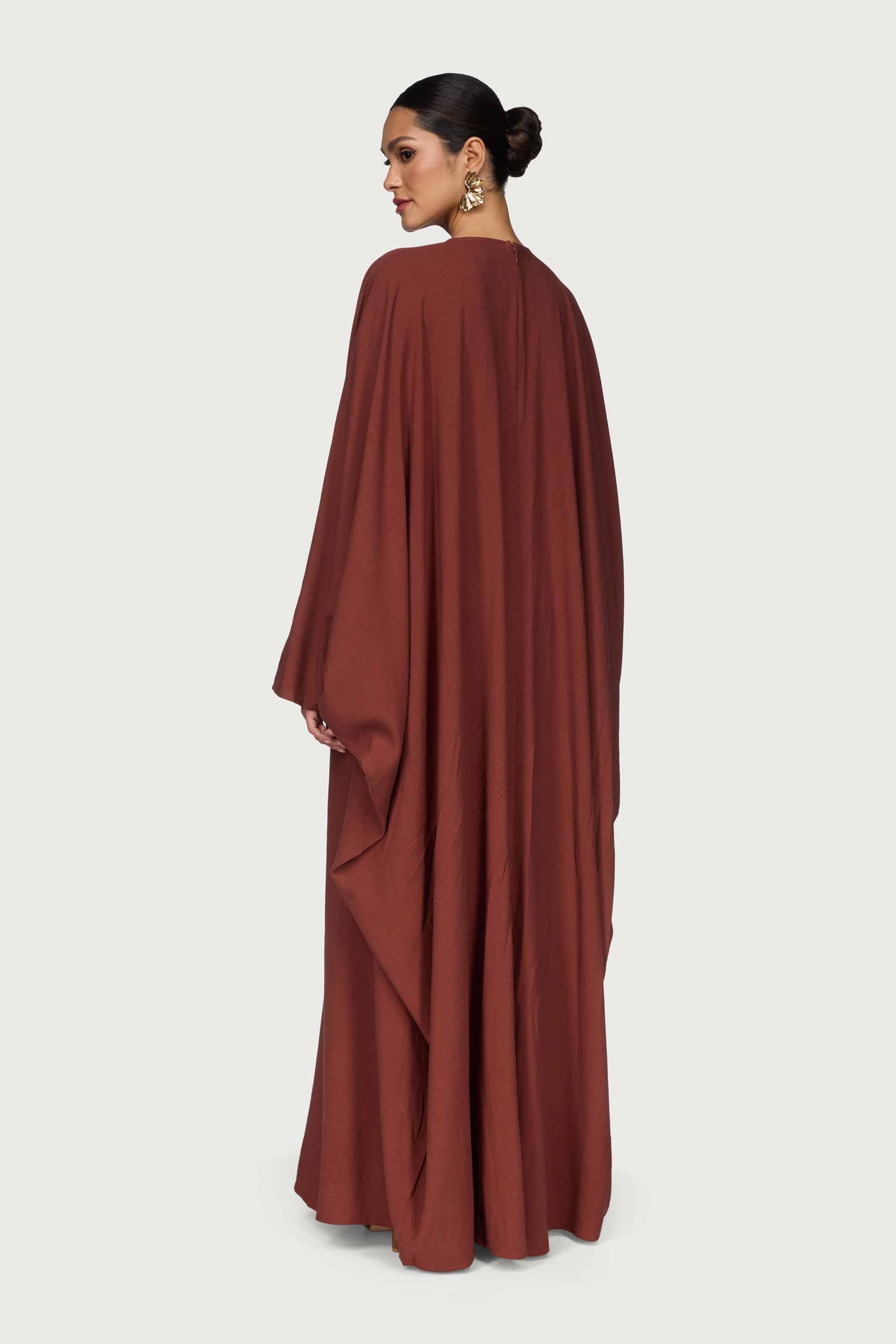 Linen Blend Butterfly Inner Tie Maxi Dress - Chocolate Abayas Veiled