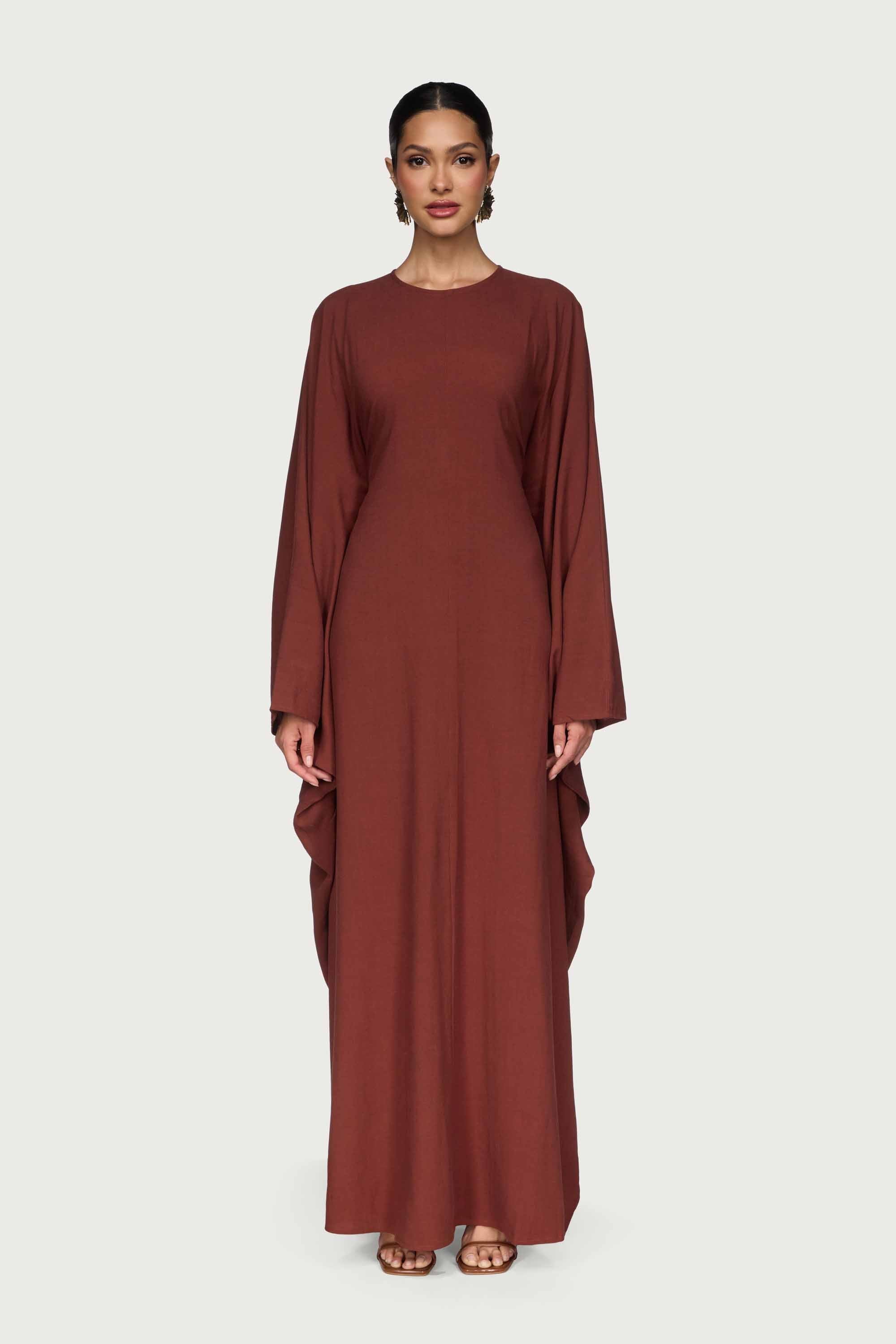 Linen Blend Butterfly Inner Tie Maxi Dress - Chocolate Abayas Veiled