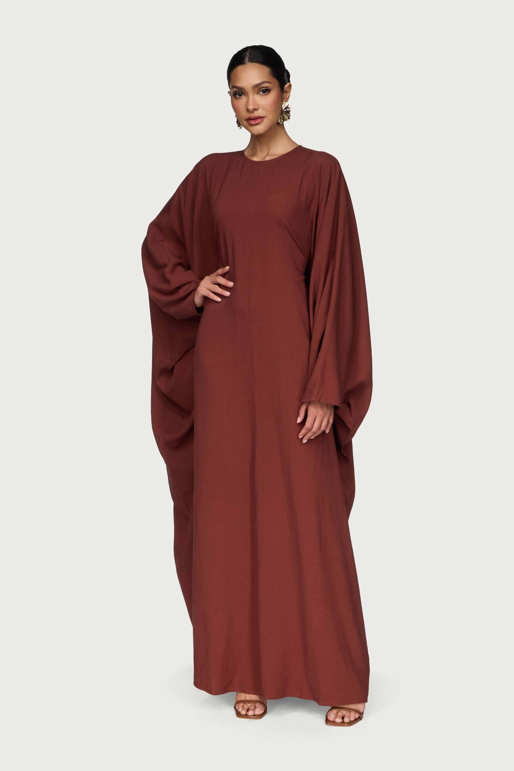 Linen Blend Butterfly Inner Tie Maxi Dress - Chocolate Abayas Veiled
