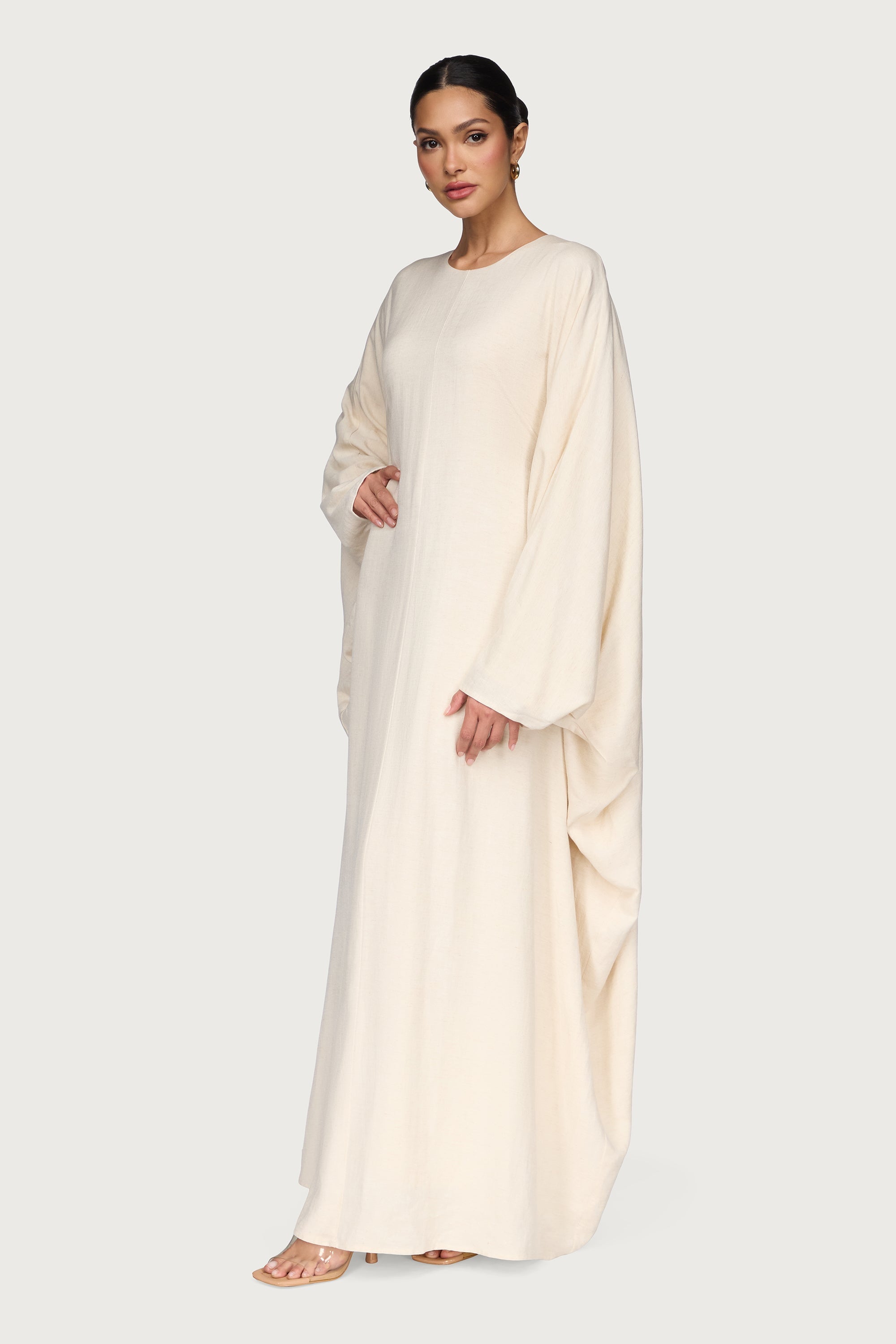 Linen Blend Butterfly Inner Tie Maxi Dress - Oatmeal Abayas Veiled