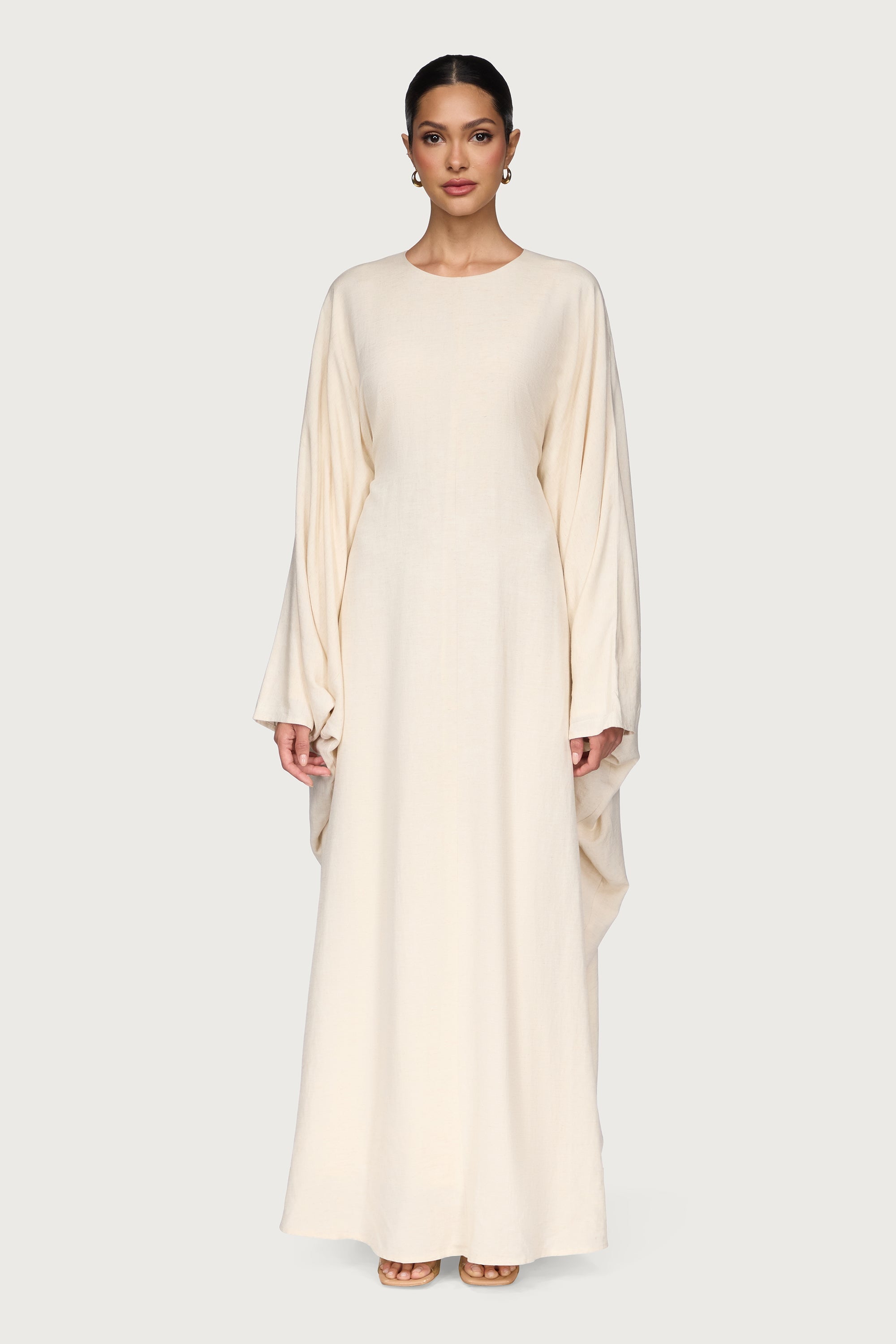 Linen Blend Butterfly Inner Tie Maxi Dress - Oatmeal Abayas Veiled
