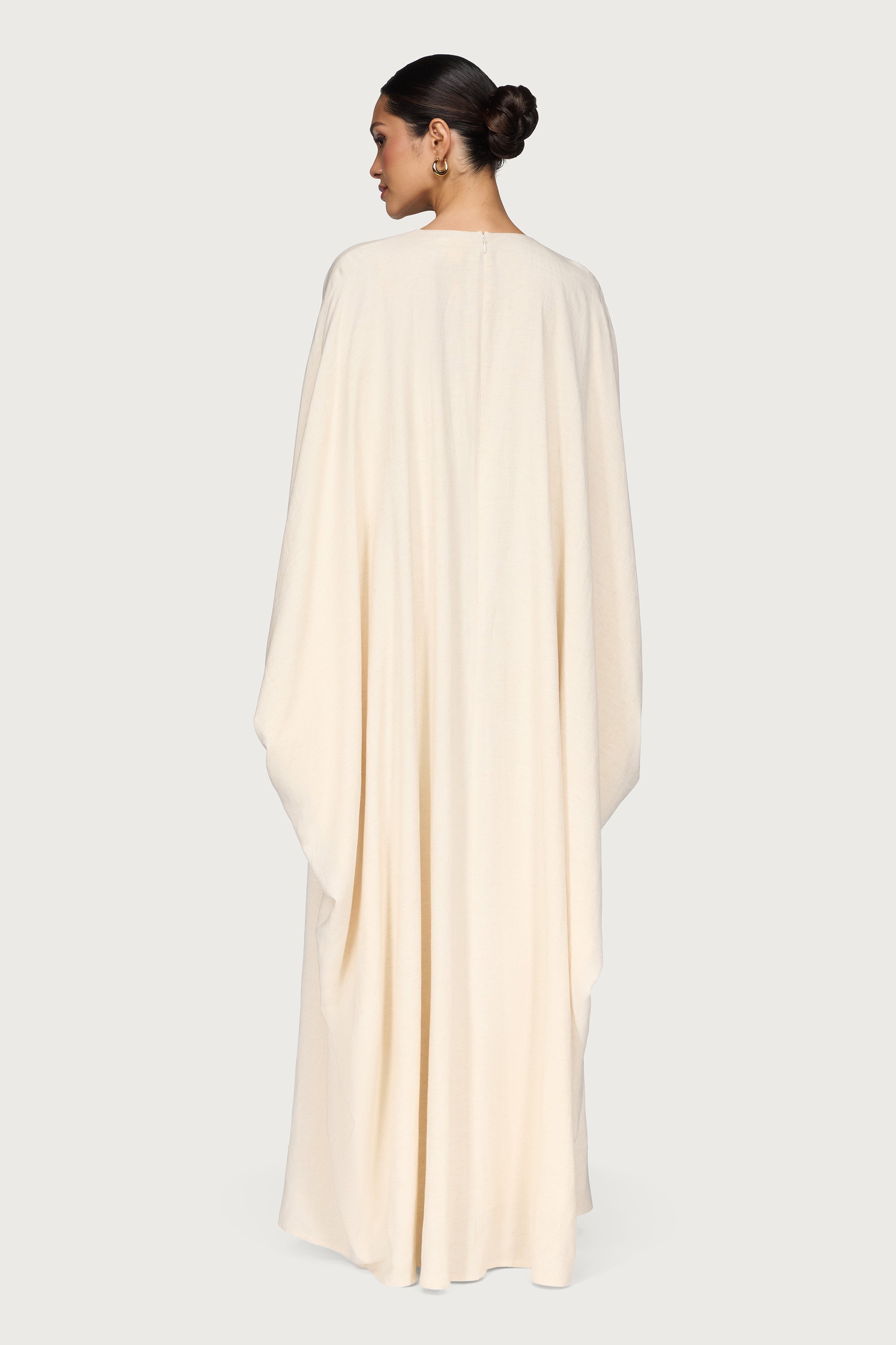 Linen Blend Butterfly Inner Tie Maxi Dress - Oatmeal Abayas Veiled