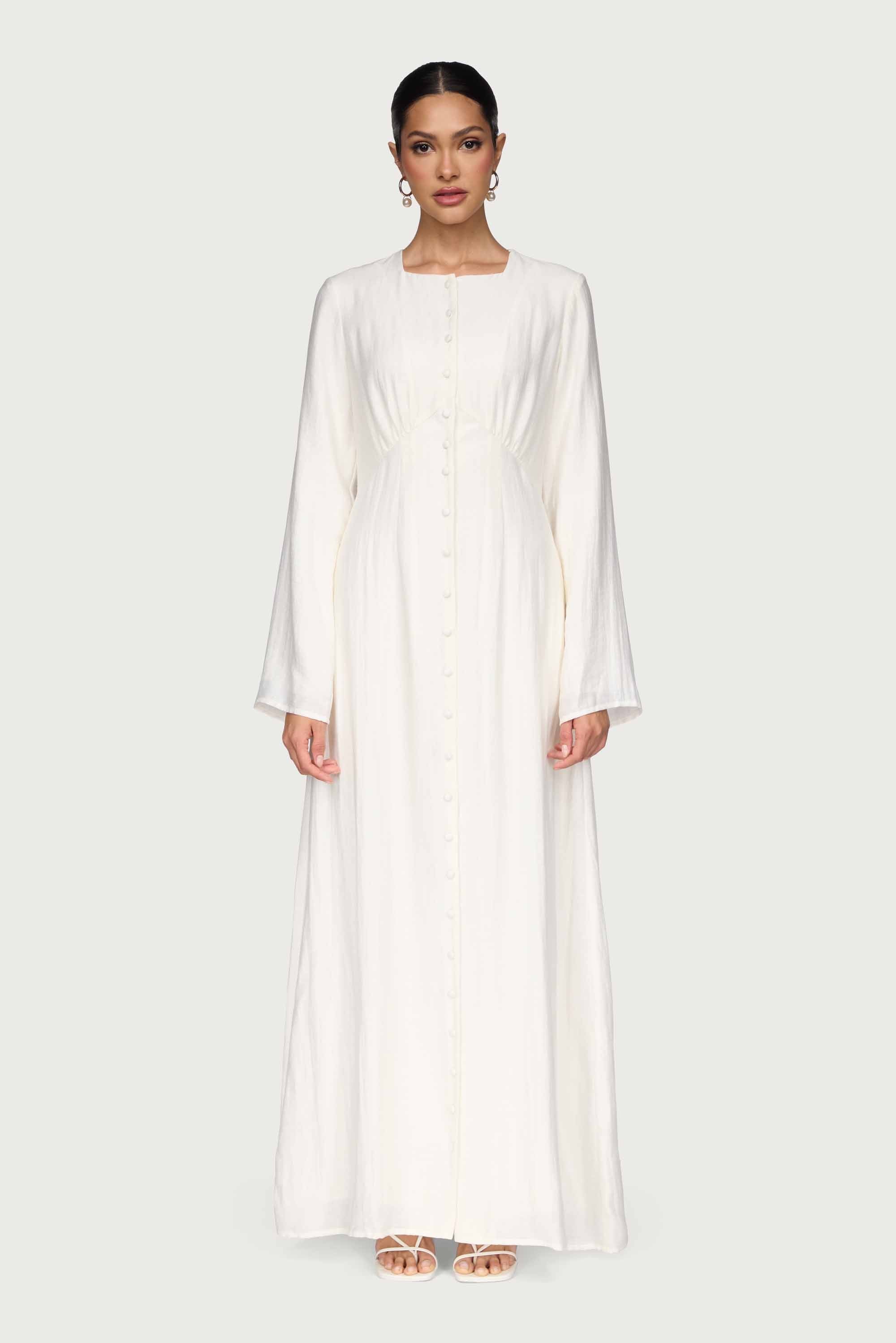 Linen Blend Button Front Maxi Dress - Off White Abayas Veiled