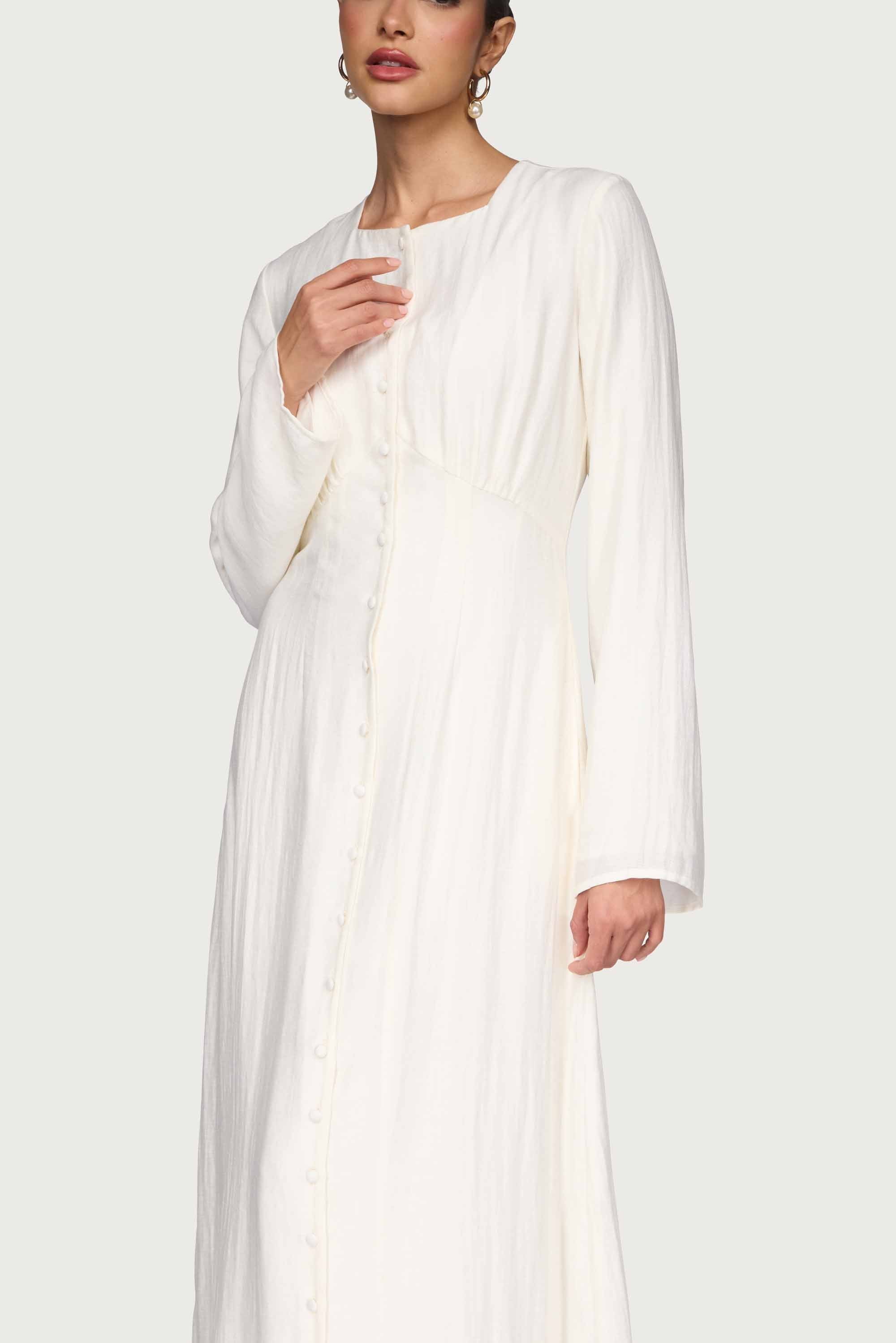 Linen Blend Button Front Maxi Dress - Off White Abayas Veiled