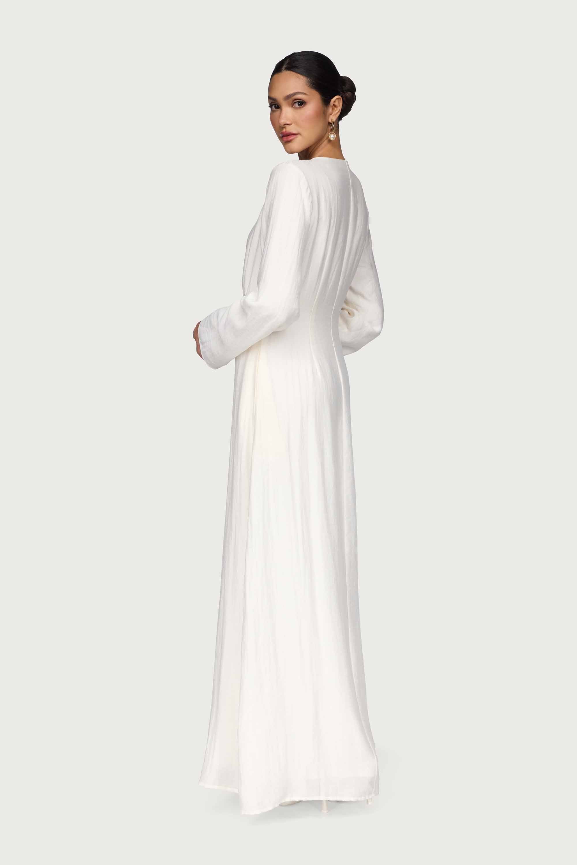 Linen Blend Button Front Maxi Dress - Off White Abayas Veiled