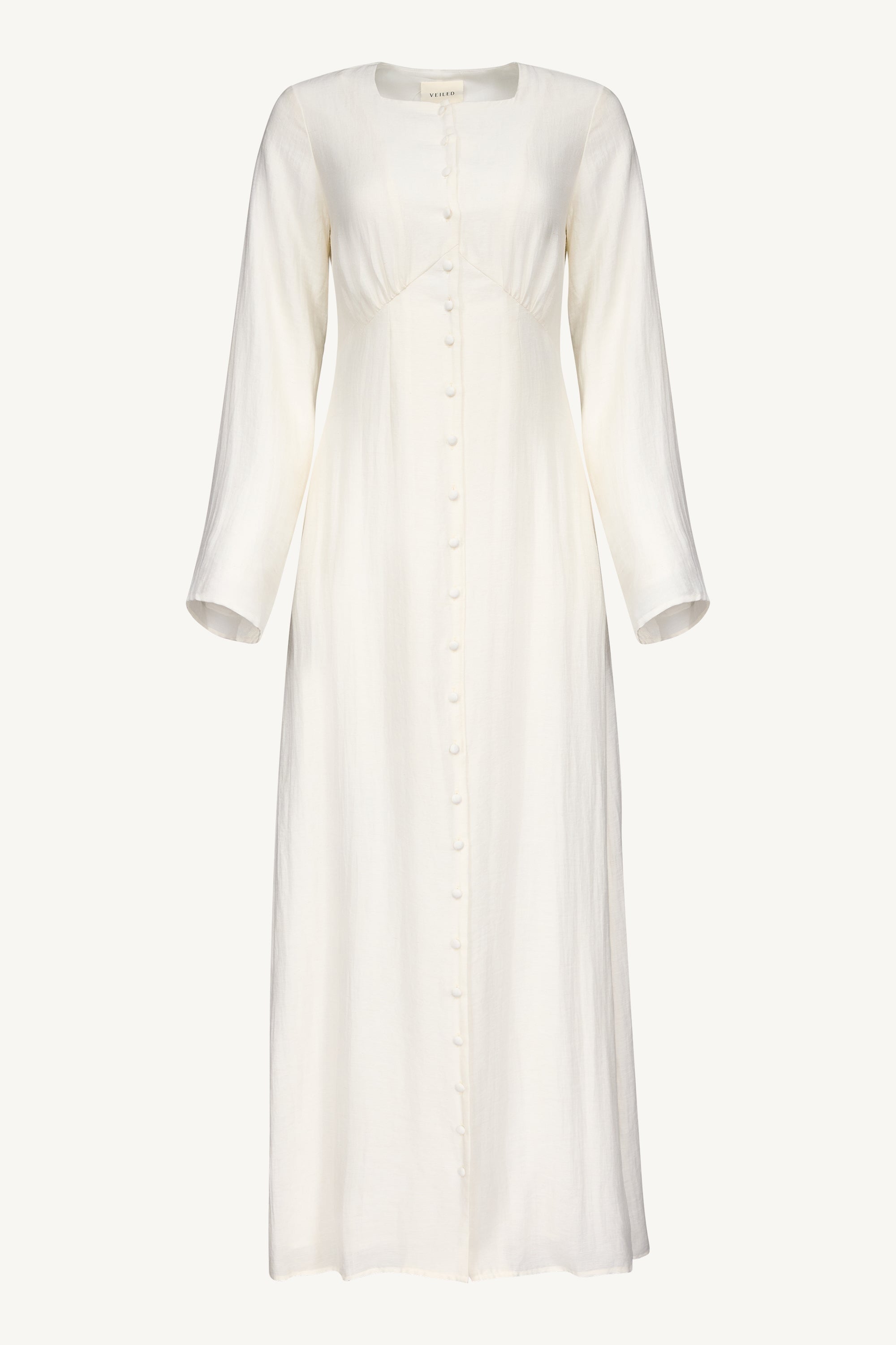 Linen Blend Button Front Maxi Dress - Off White Abayas Veiled