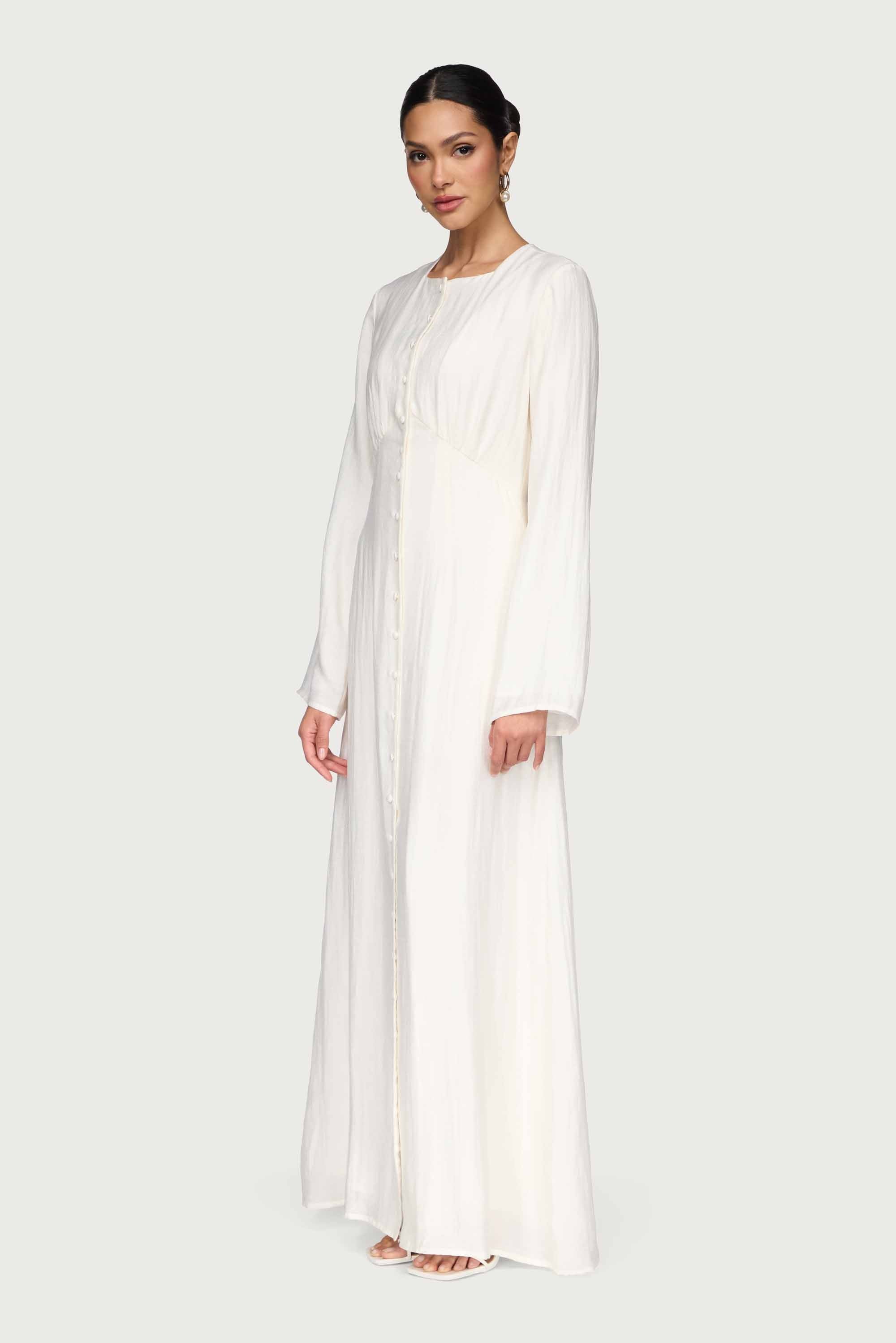 Linen Blend Button Front Maxi Dress - Off White Abayas Veiled