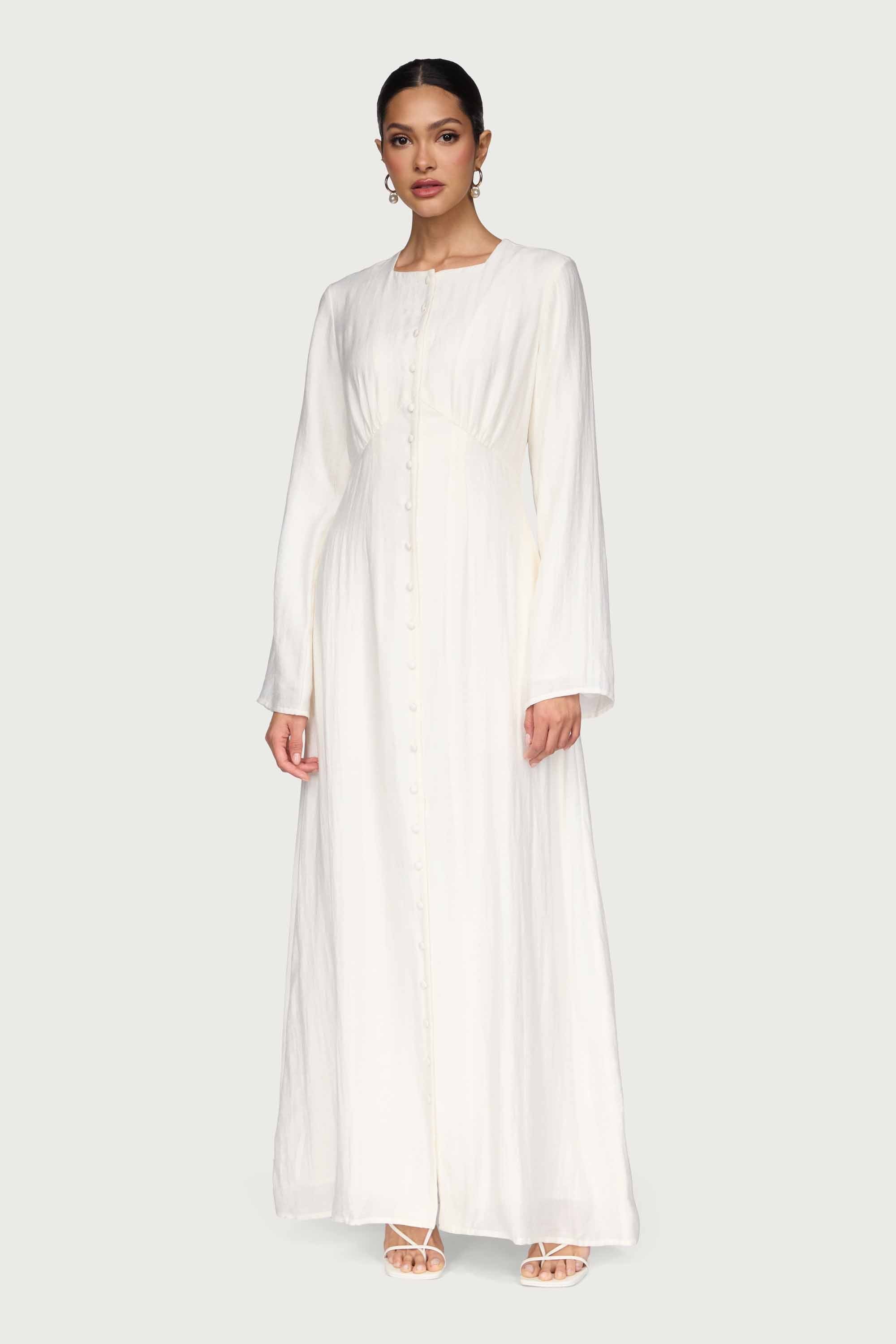 Linen Blend Button Front Maxi Dress - Off White Abayas Veiled