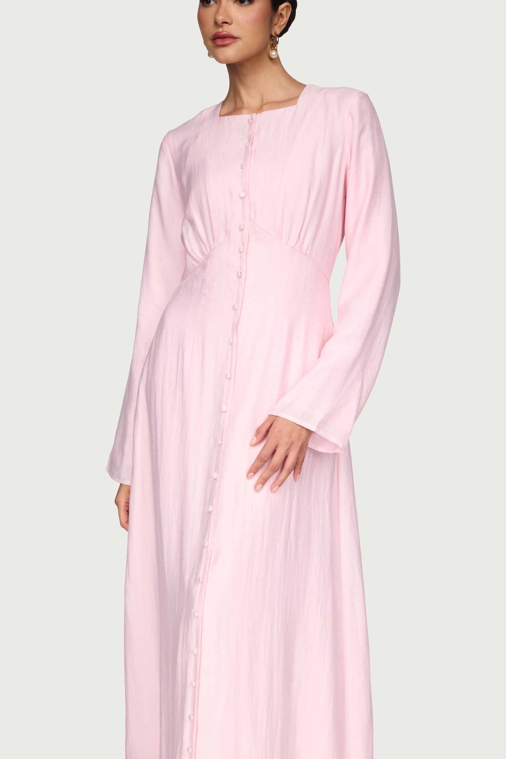 Linen Blend Button Front Maxi Dress - Pastel Pink Abayas Veiled