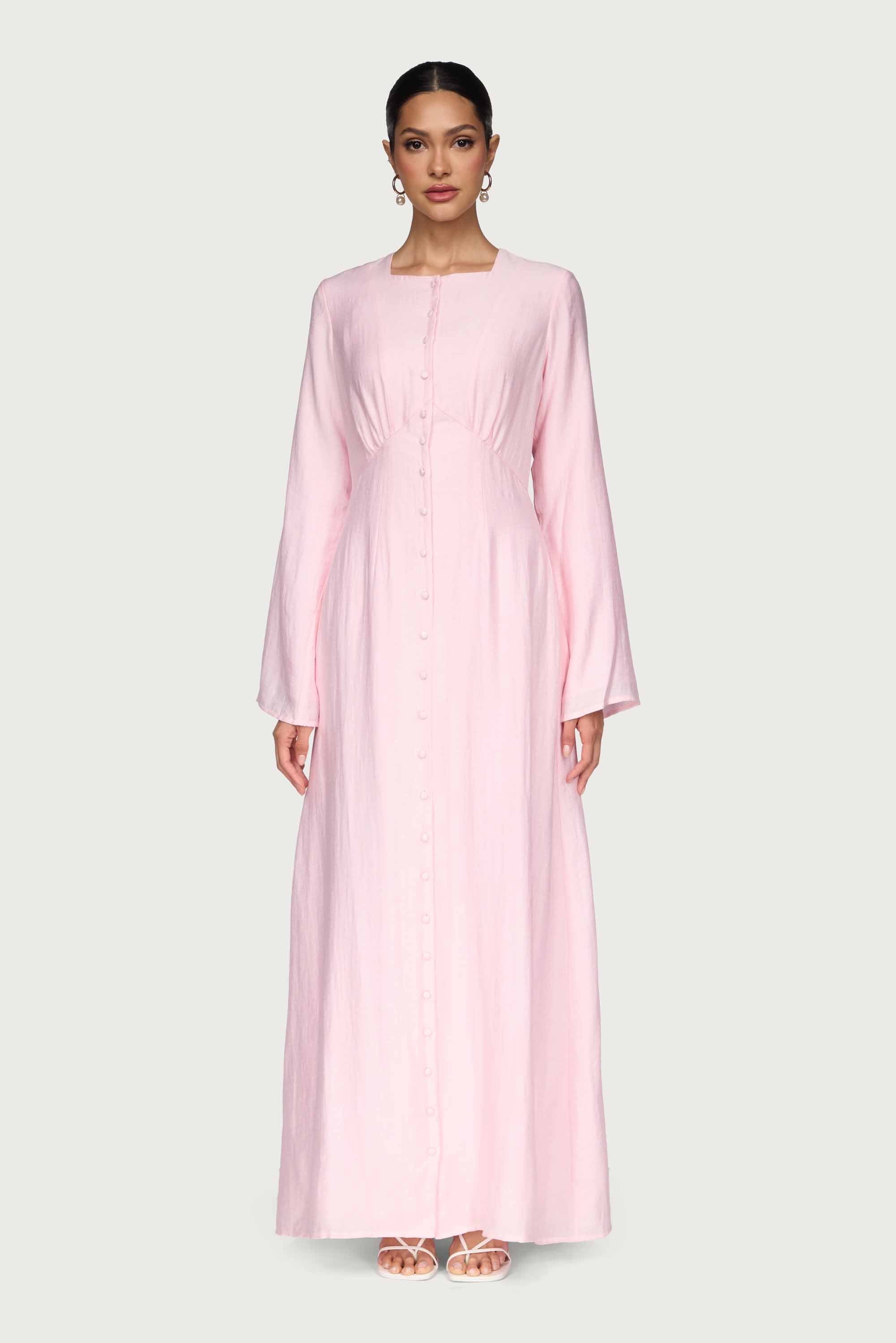 Linen Blend Button Front Maxi Dress - Pastel Pink Abayas Veiled