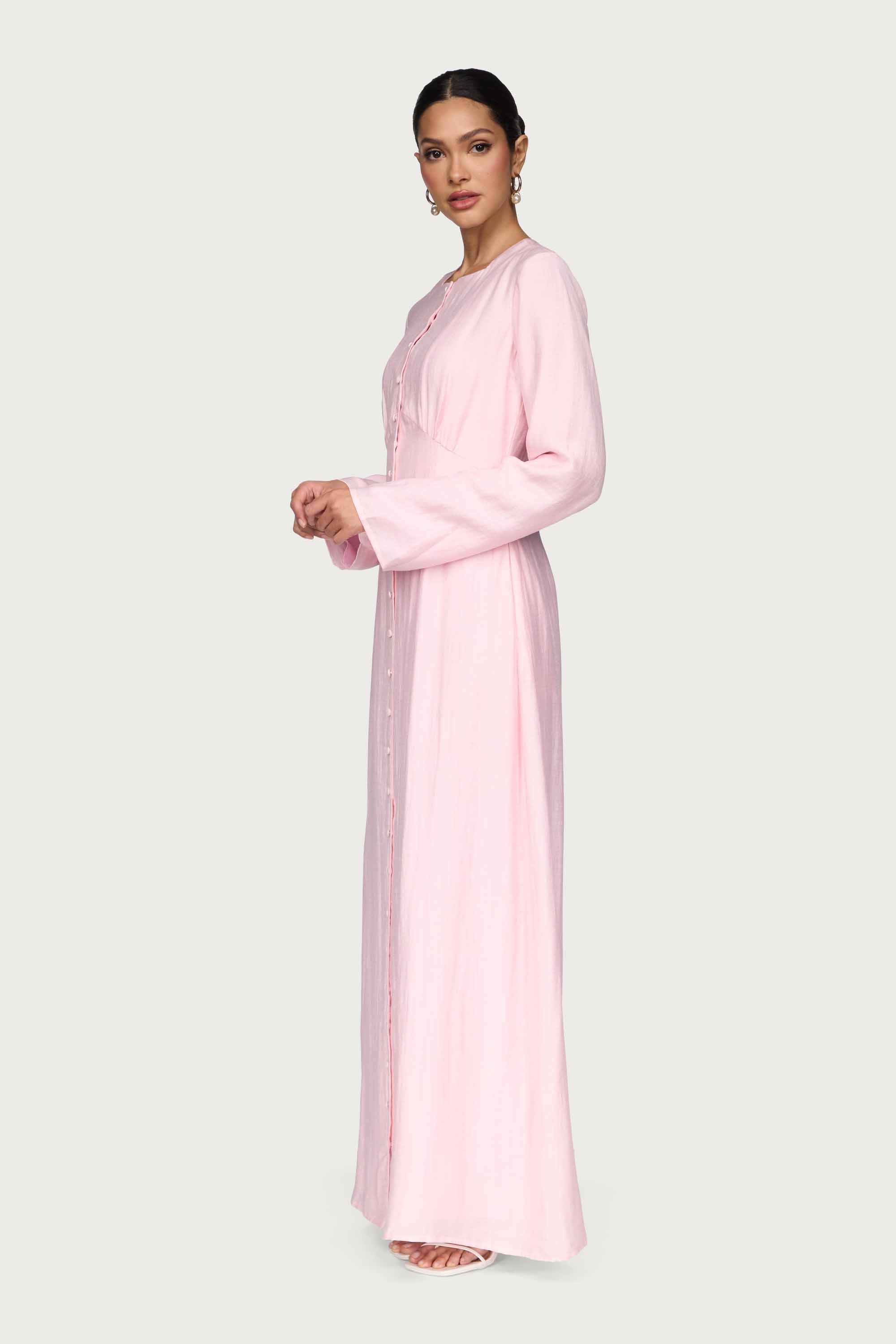 Linen Blend Button Front Maxi Dress - Pastel Pink Abayas Veiled
