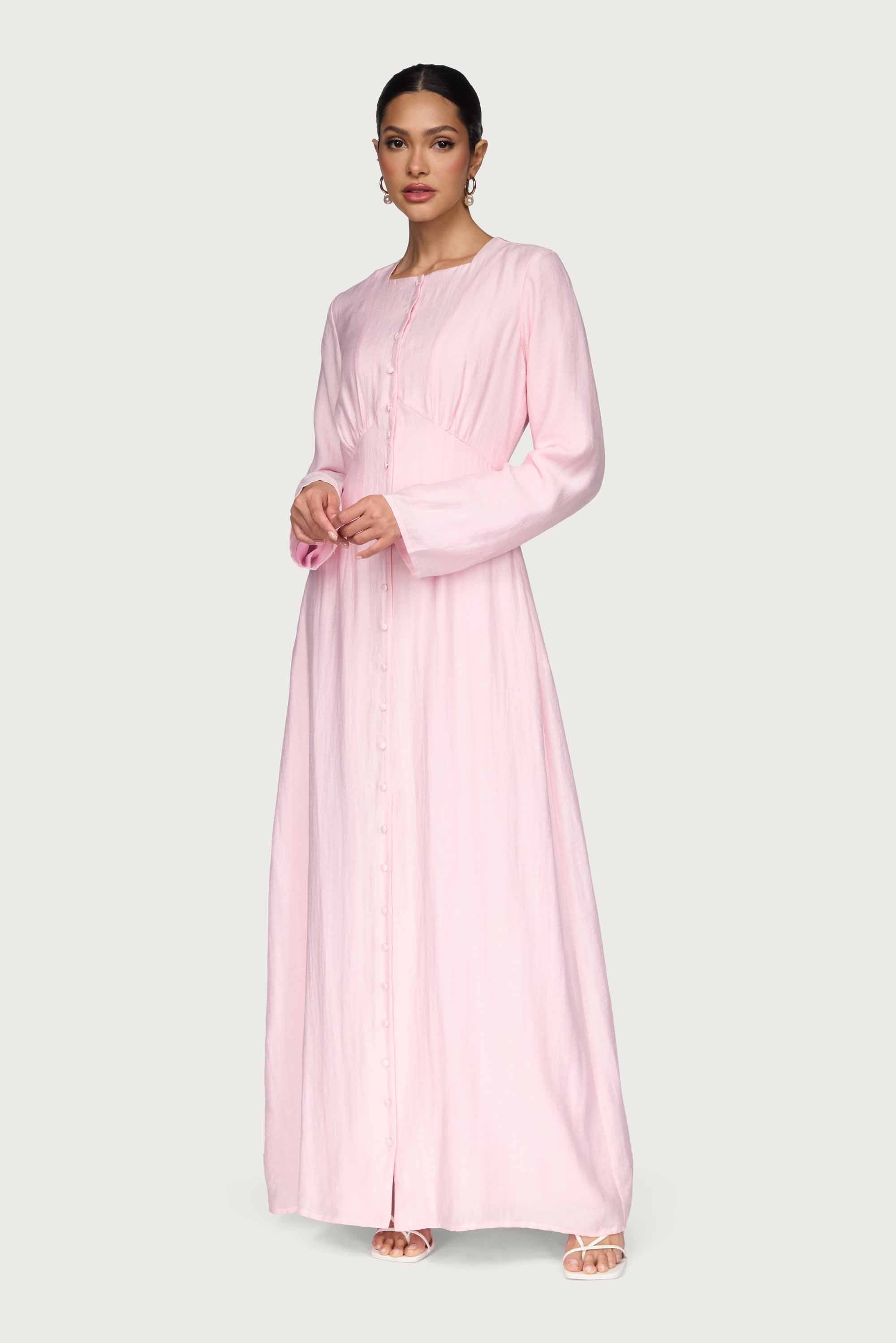 Linen Blend Button Front Maxi Dress - Pastel Pink Abayas Veiled