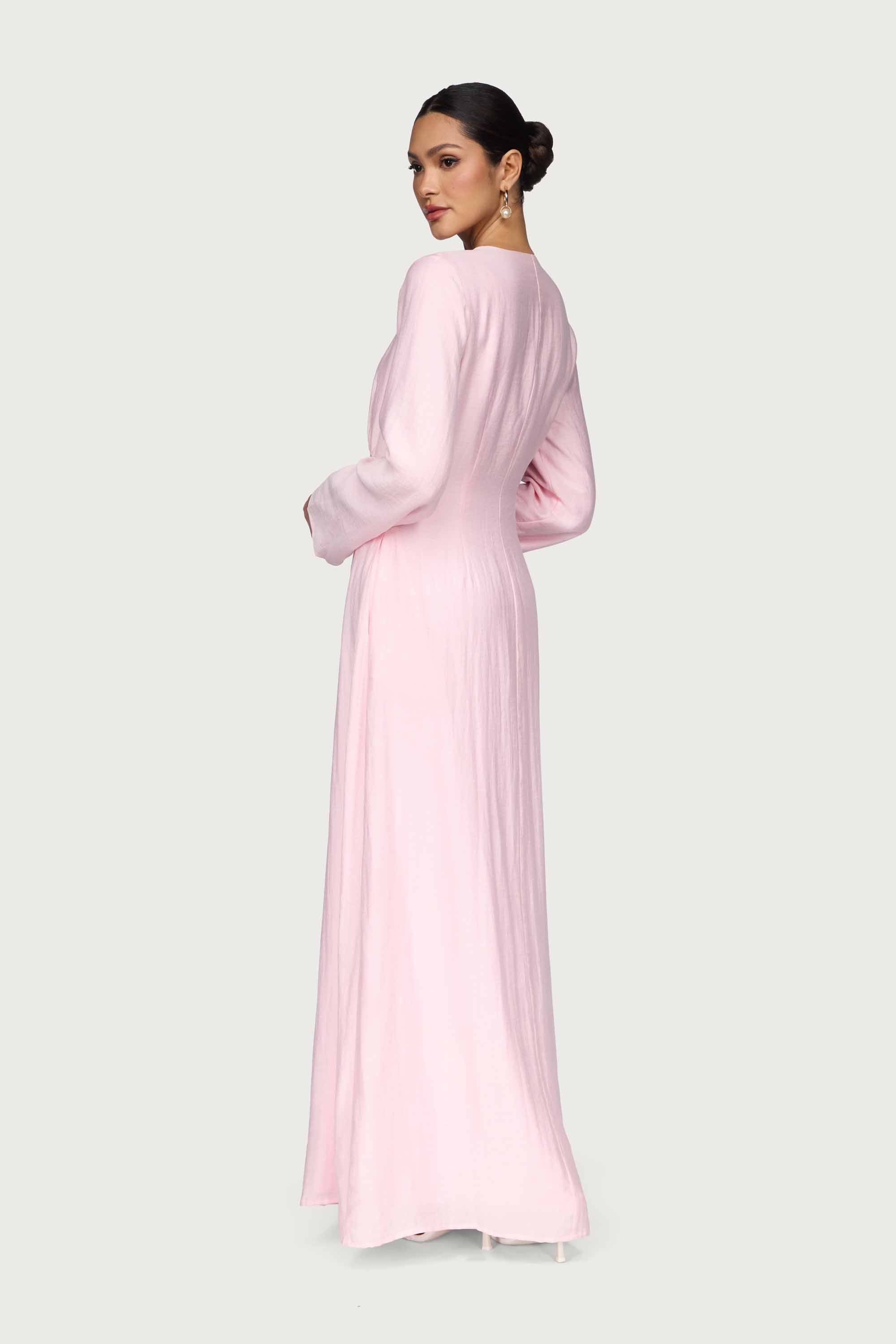 Linen Blend Button Front Maxi Dress - Pastel Pink Abayas Veiled