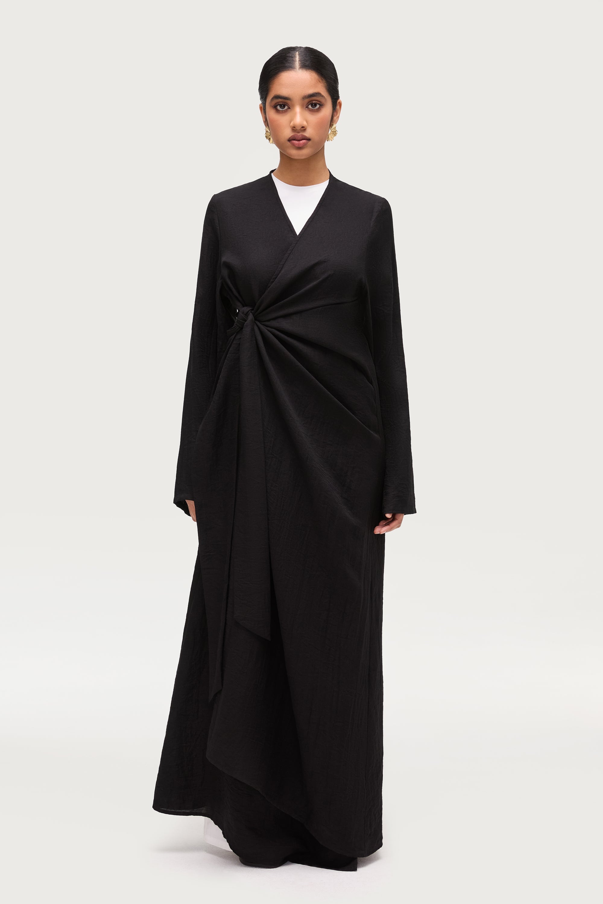 Linen Blend Side Tie Abaya - Black Dresses Veiled
