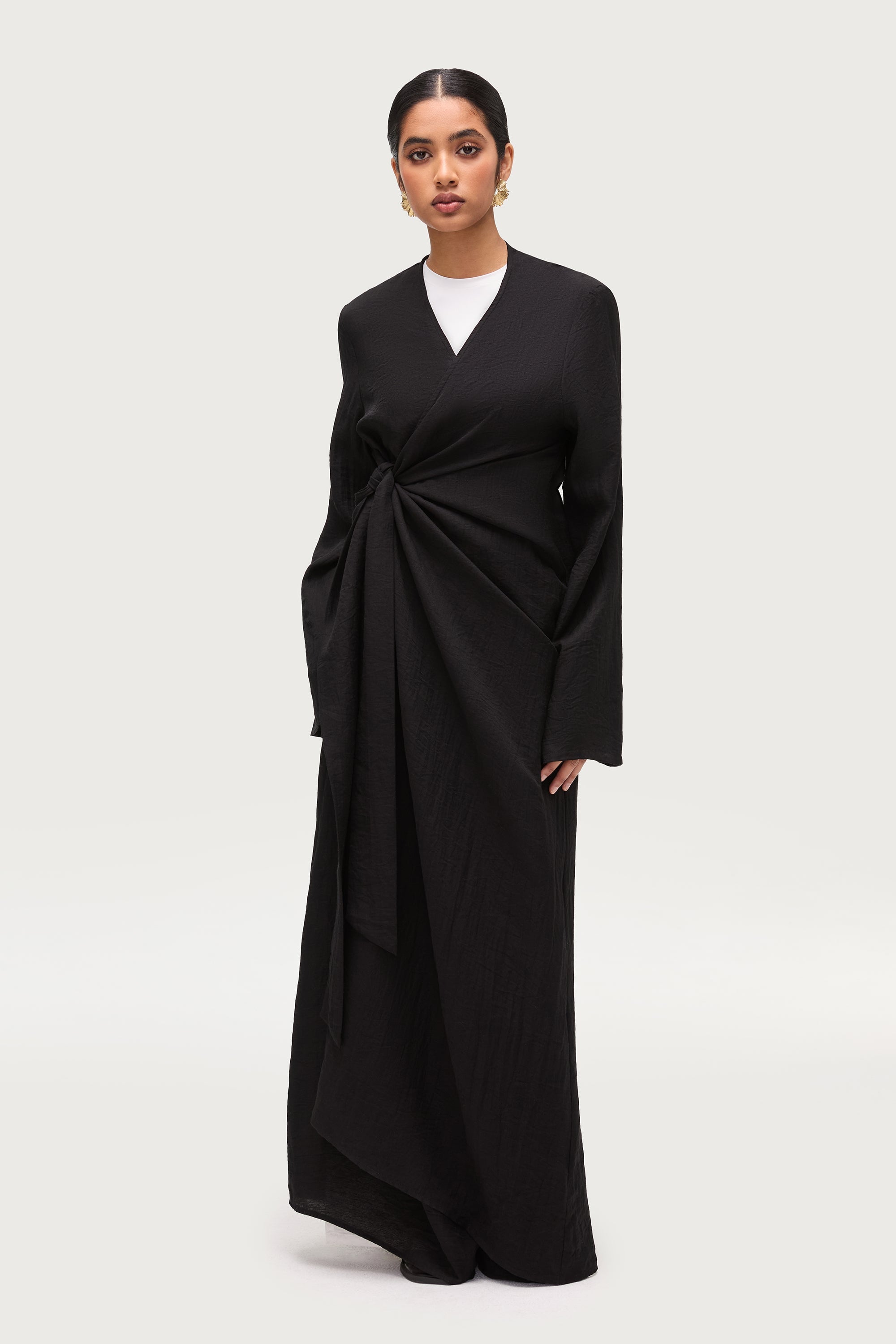 Linen Blend Side Tie Abaya - Black Dresses Veiled