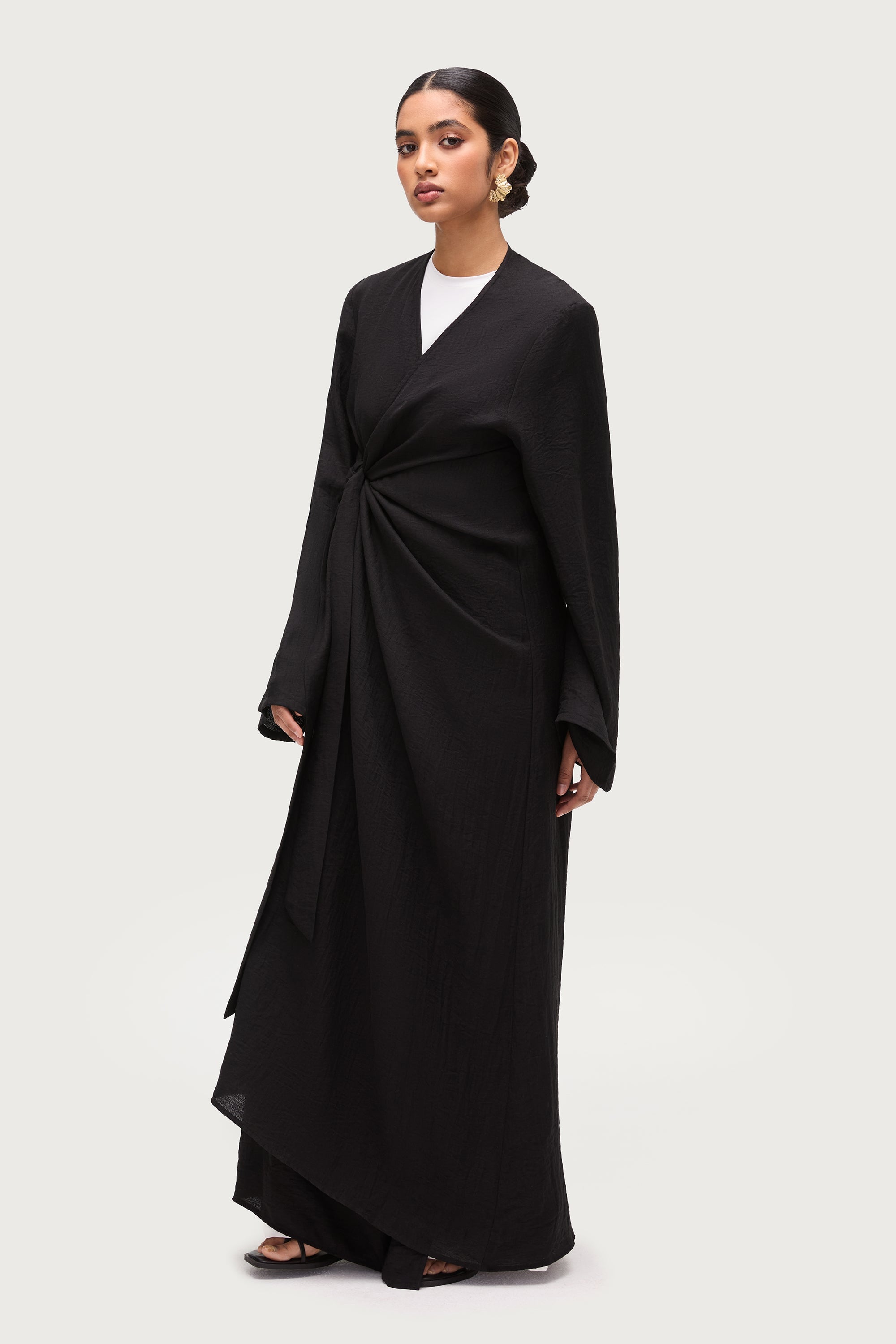 Linen Blend Side Tie Abaya - Black Dresses Veiled