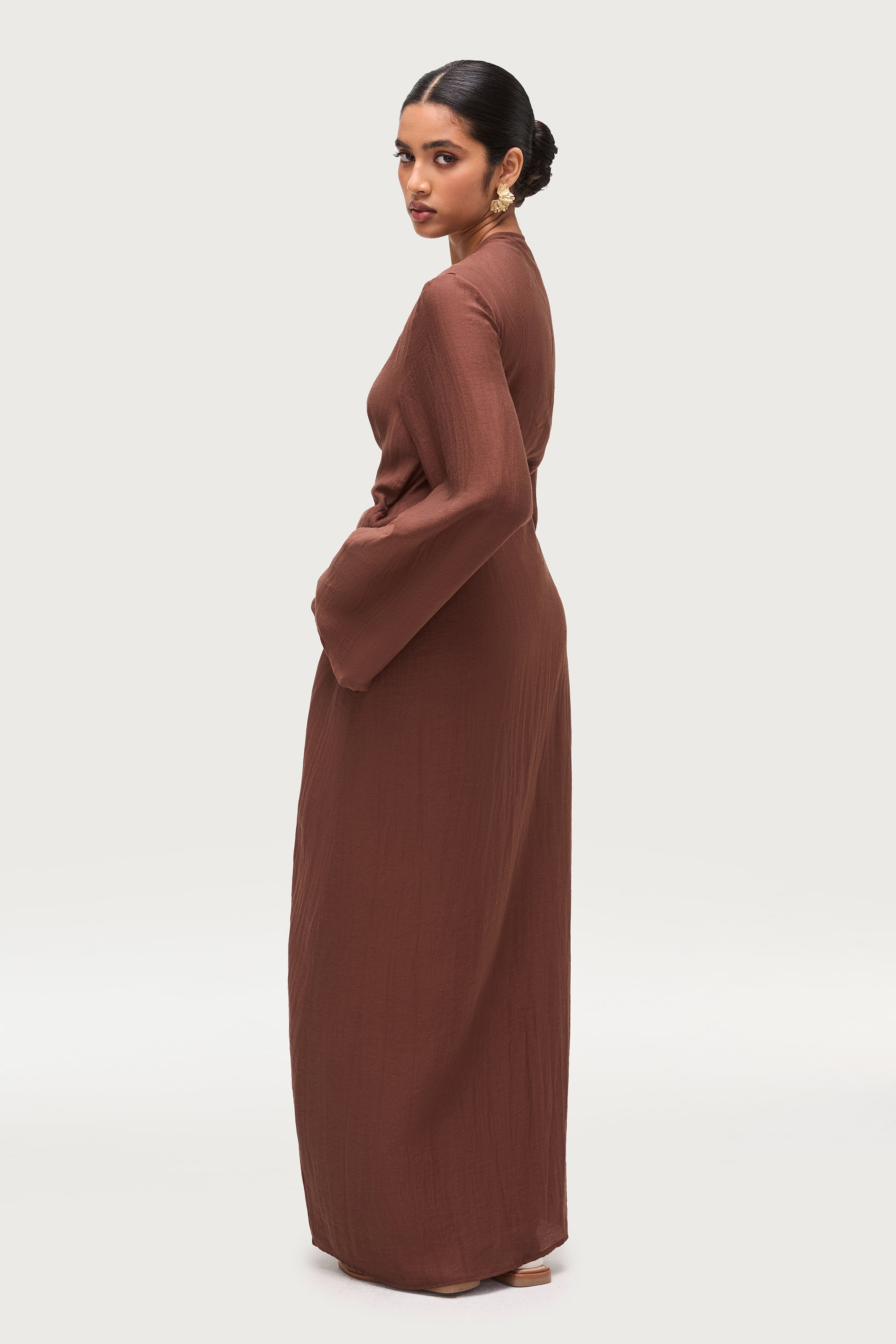 Linen Blend Side Tie Abaya - Chocolate Brown Dresses Veiled