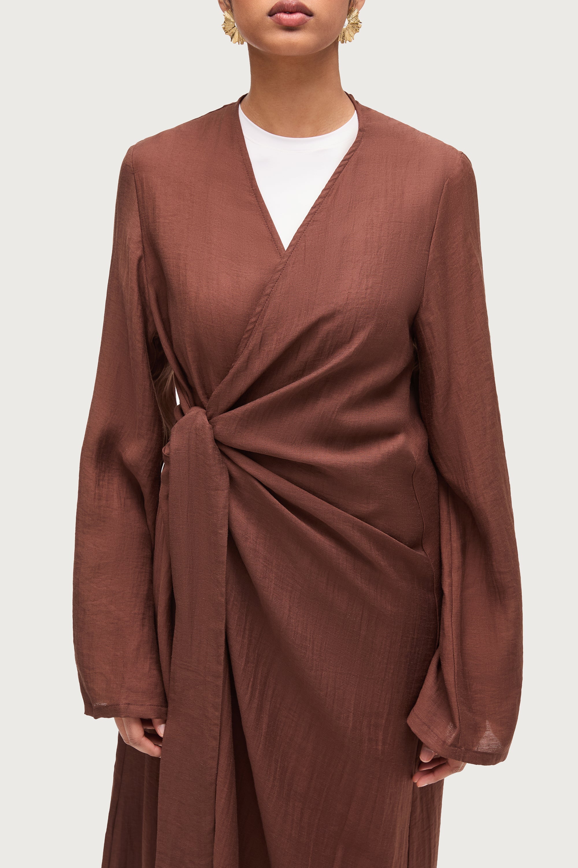 Linen Blend Side Tie Abaya - Chocolate Brown Dresses Veiled