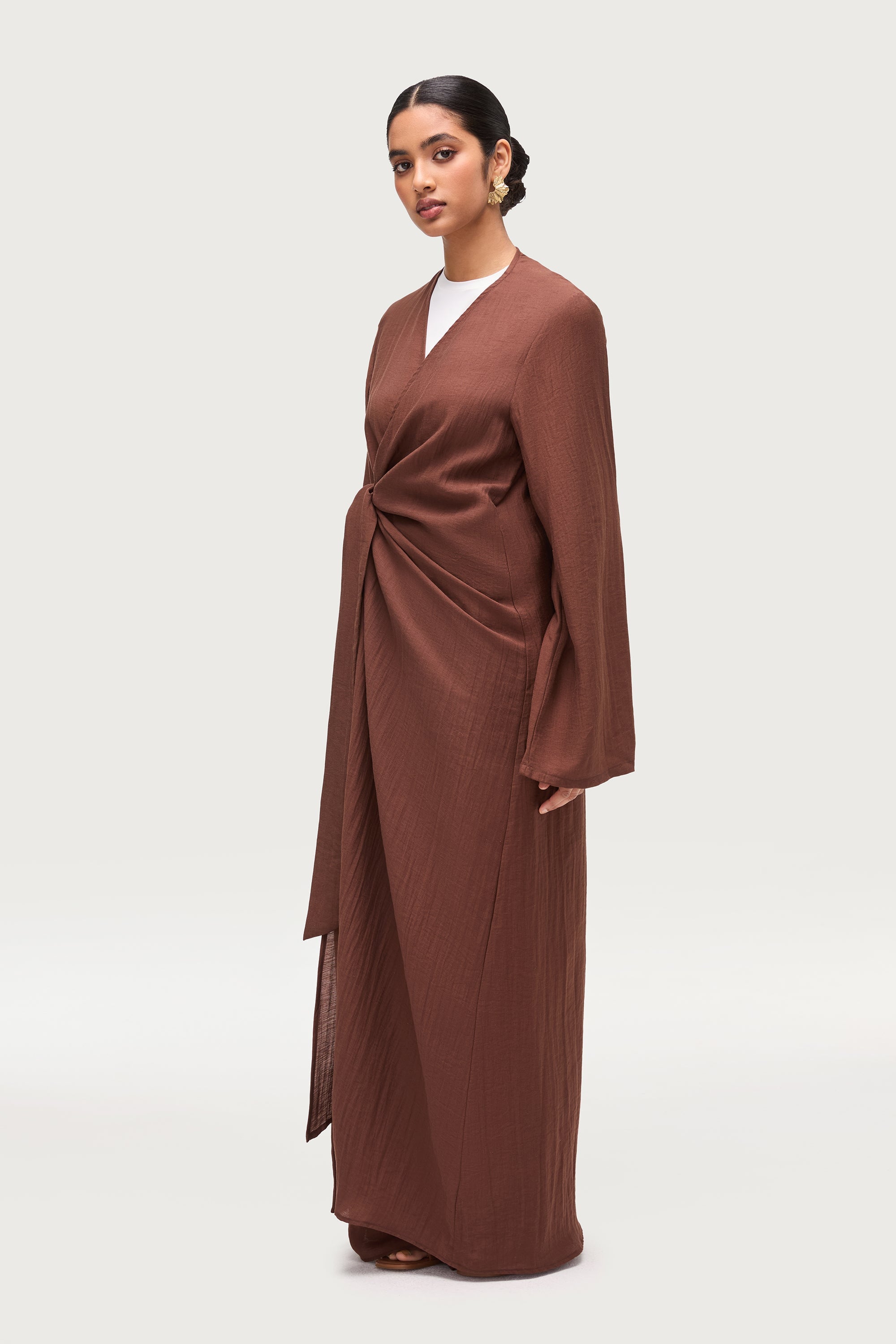 Linen Blend Side Tie Abaya - Chocolate Brown Dresses Veiled