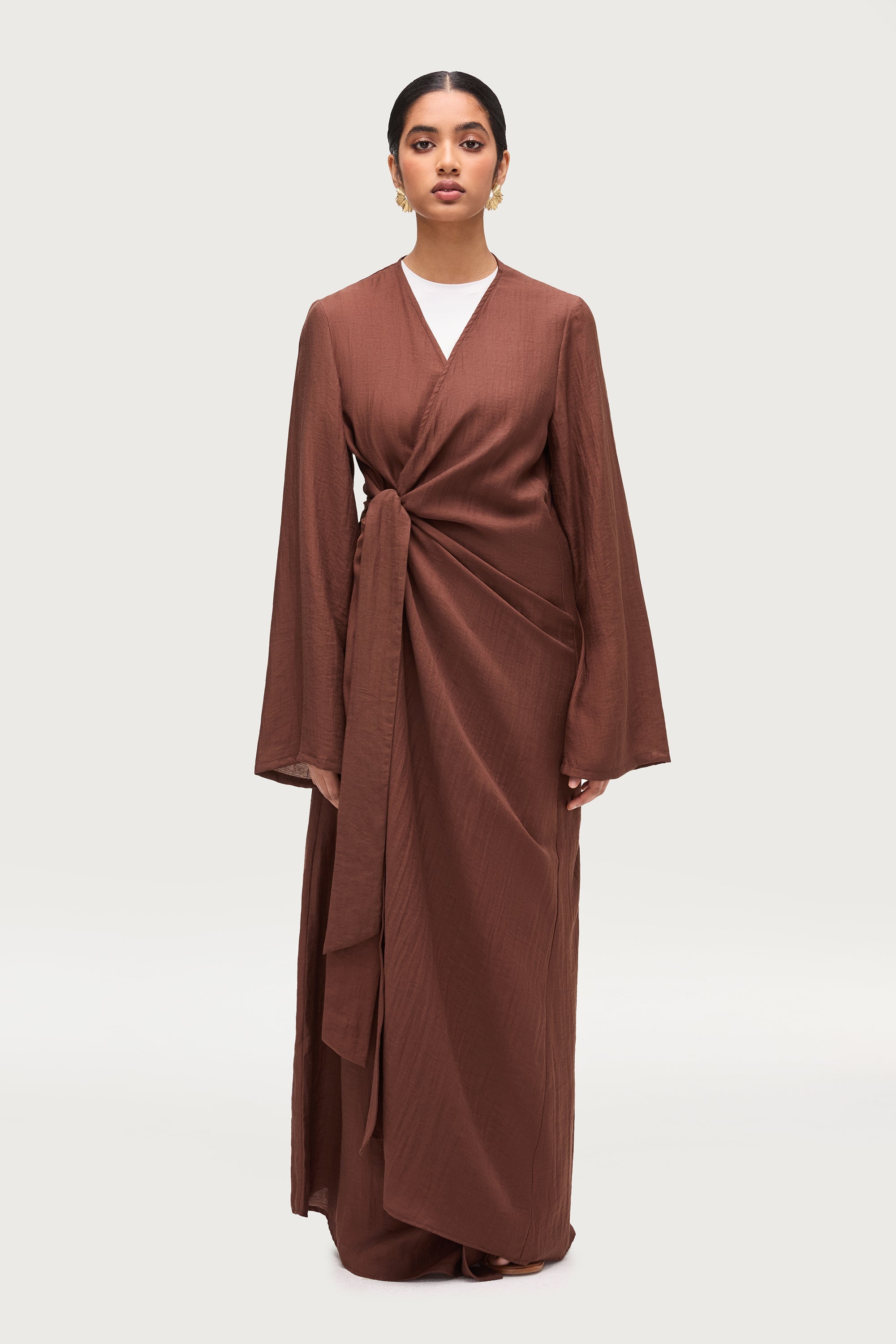 Linen Blend Side Tie Abaya - Chocolate Brown Dresses Veiled
