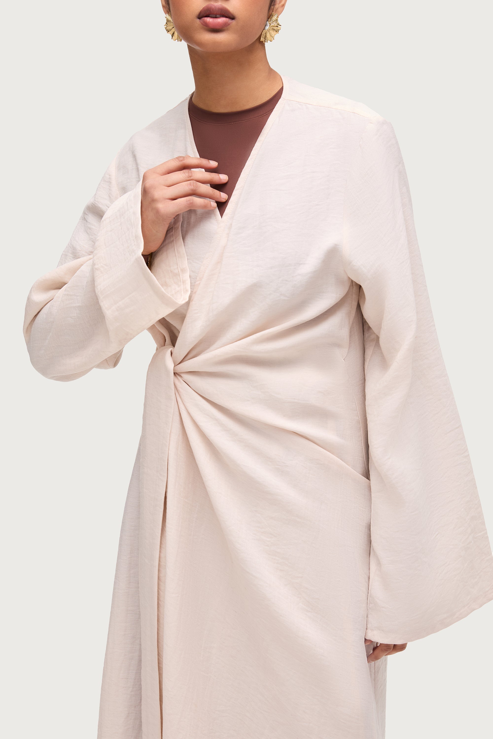 Linen Blend Side Tie Abaya - Sand Dune Dresses Veiled