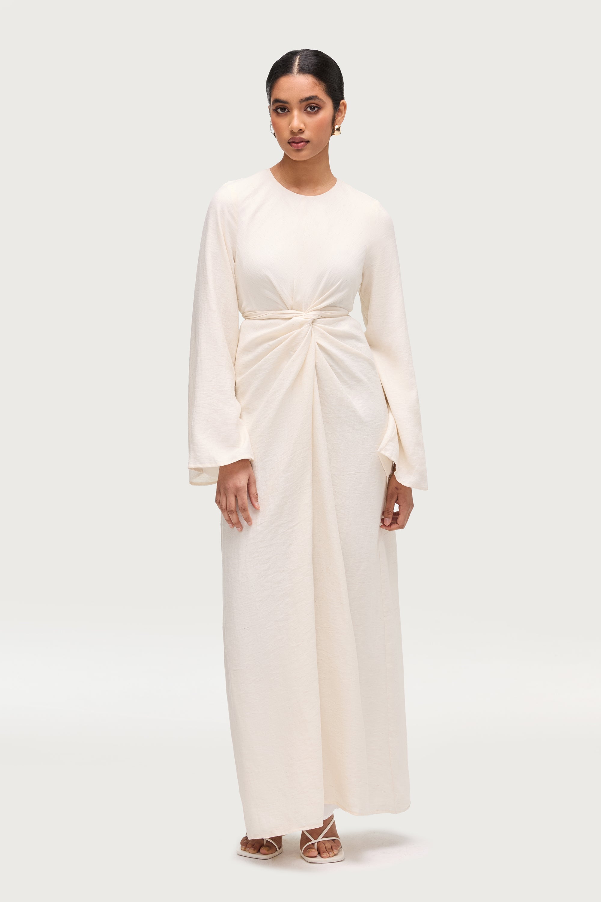 Linen Blend Tie Waist Maxi Dress - Ivory Dresses Veiled