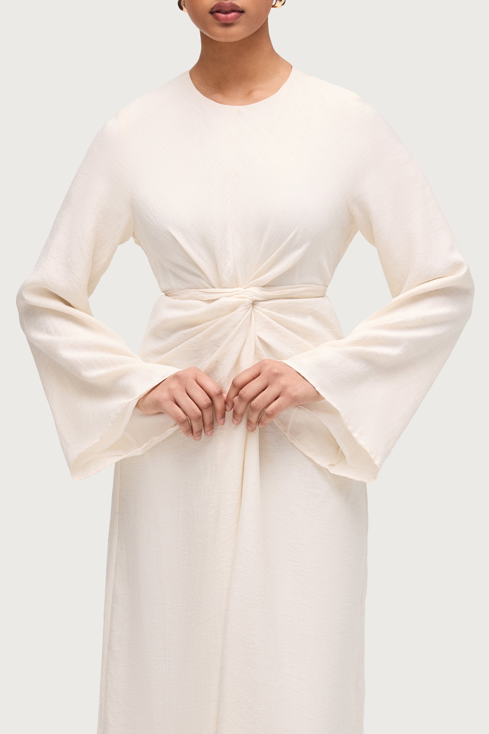 Linen Blend Tie Waist Maxi Dress - Ivory Dresses Veiled