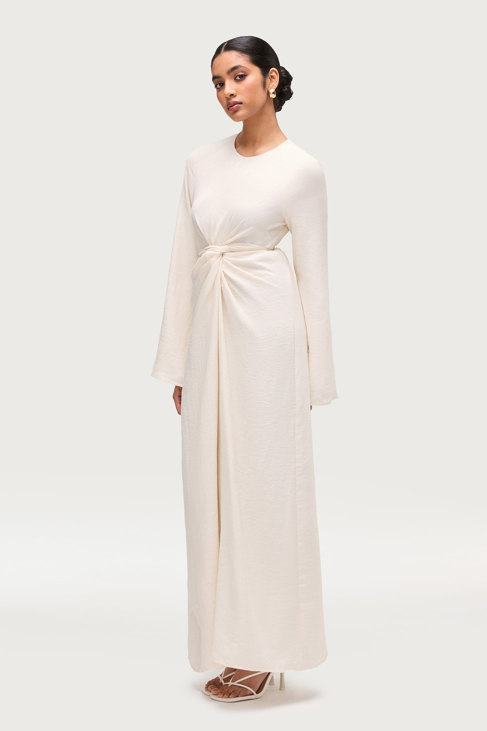 Linen Blend Tie Waist Maxi Dress - Ivory Dresses Veiled