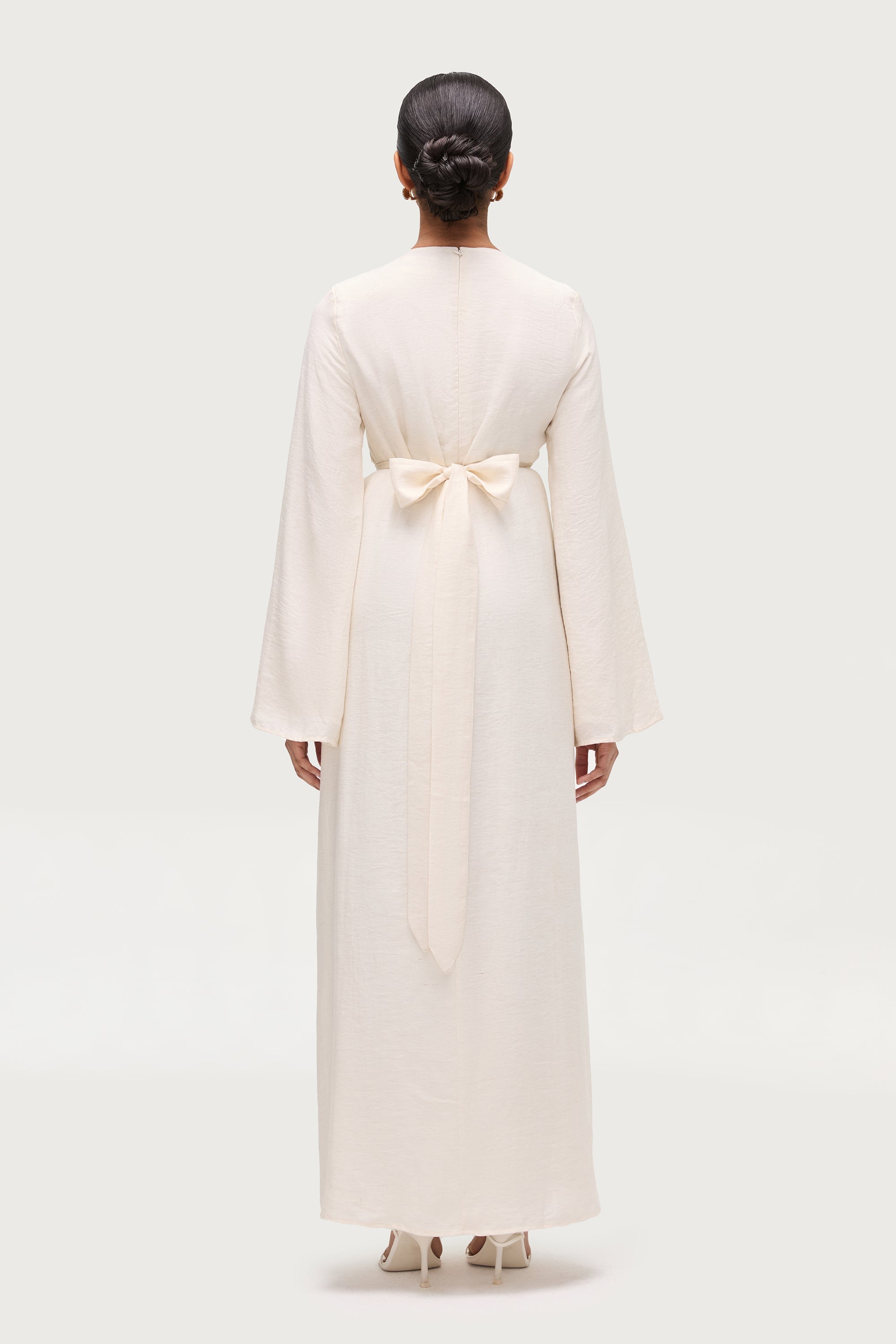 Linen Blend Tie Waist Maxi Dress - Ivory Dresses Veiled