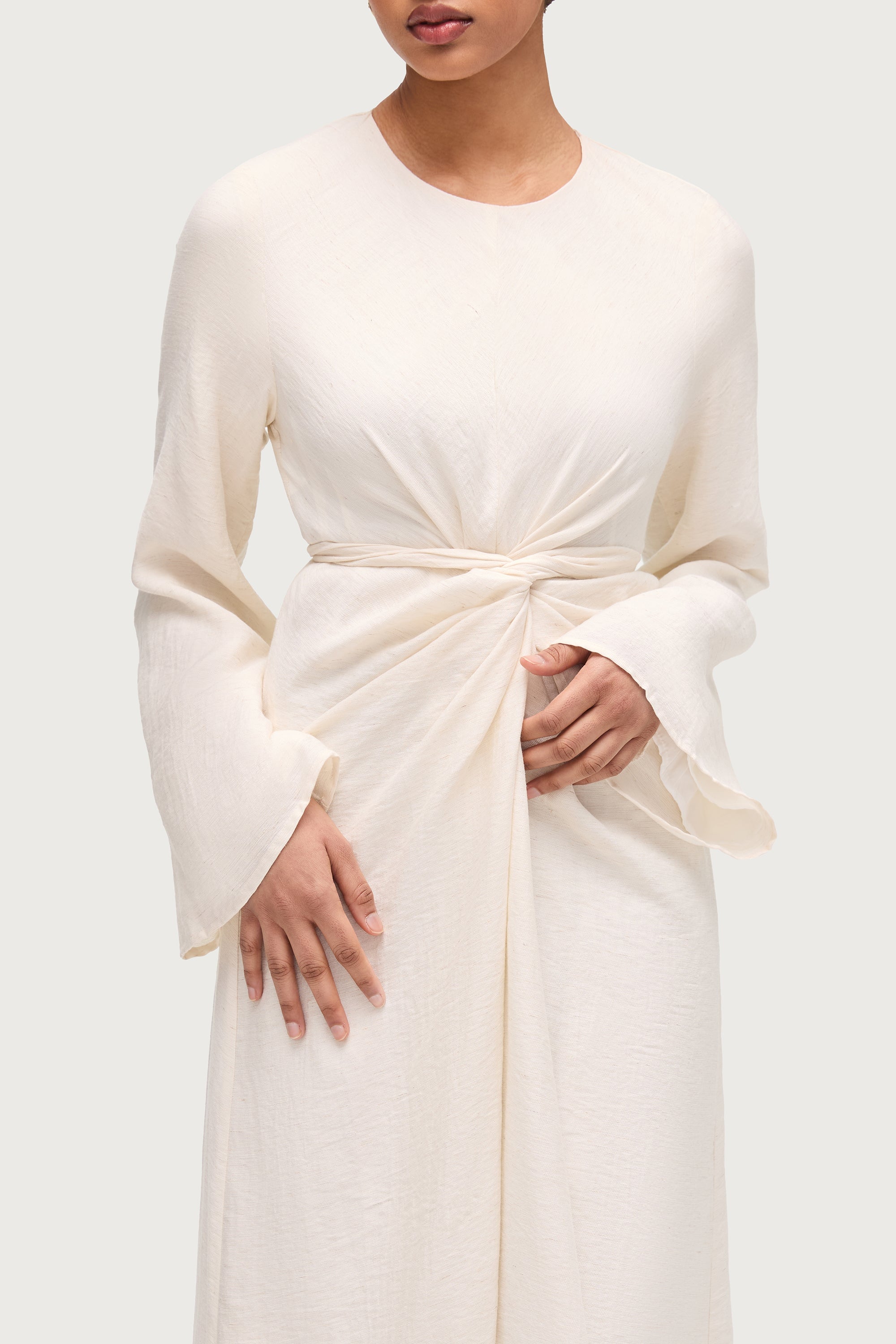 Linen Blend Tie Waist Maxi Dress - Ivory Dresses Veiled