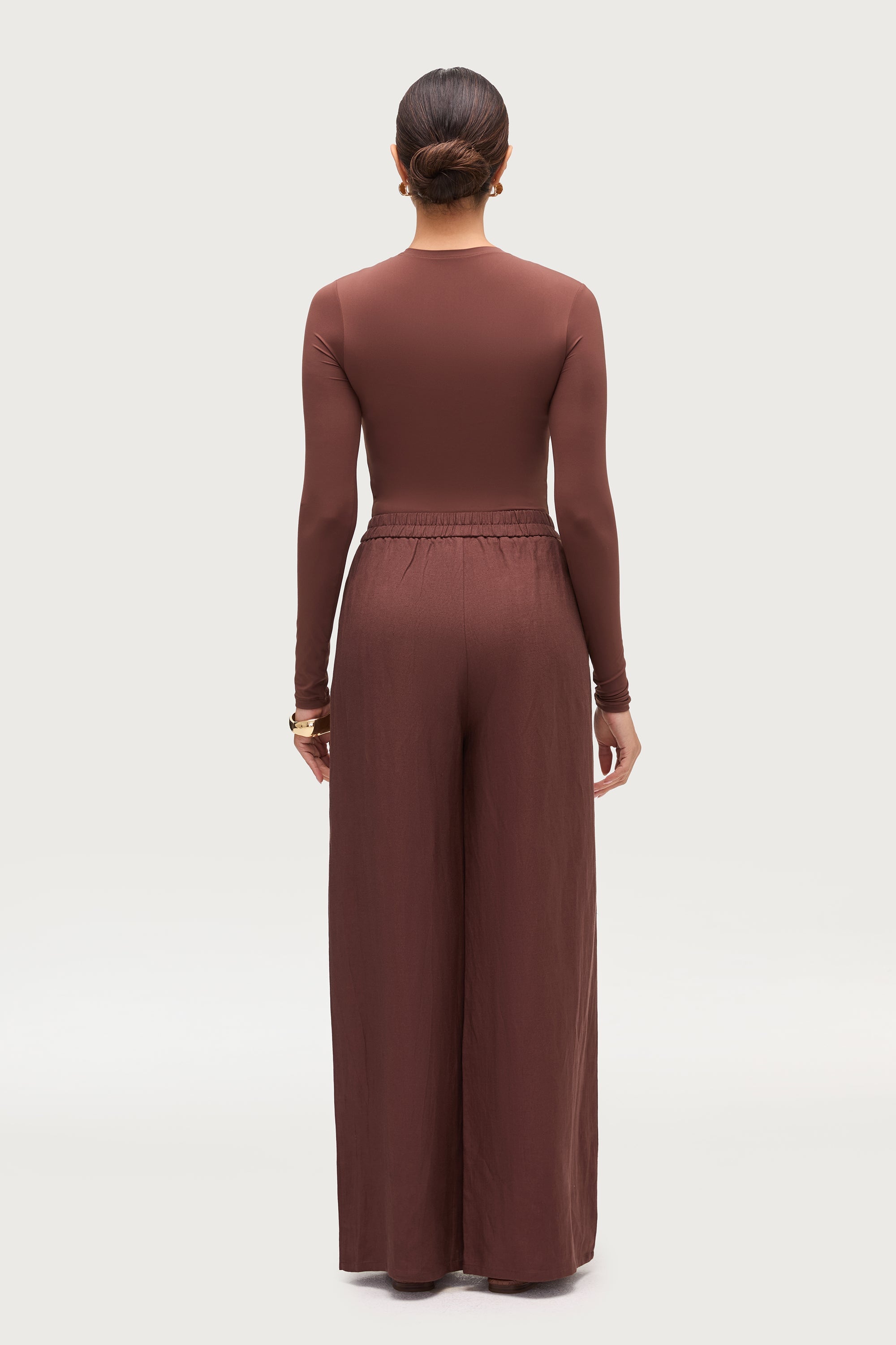 Linen Blend Wide Leg Pants - Chocolate Brown Dresses Veiled