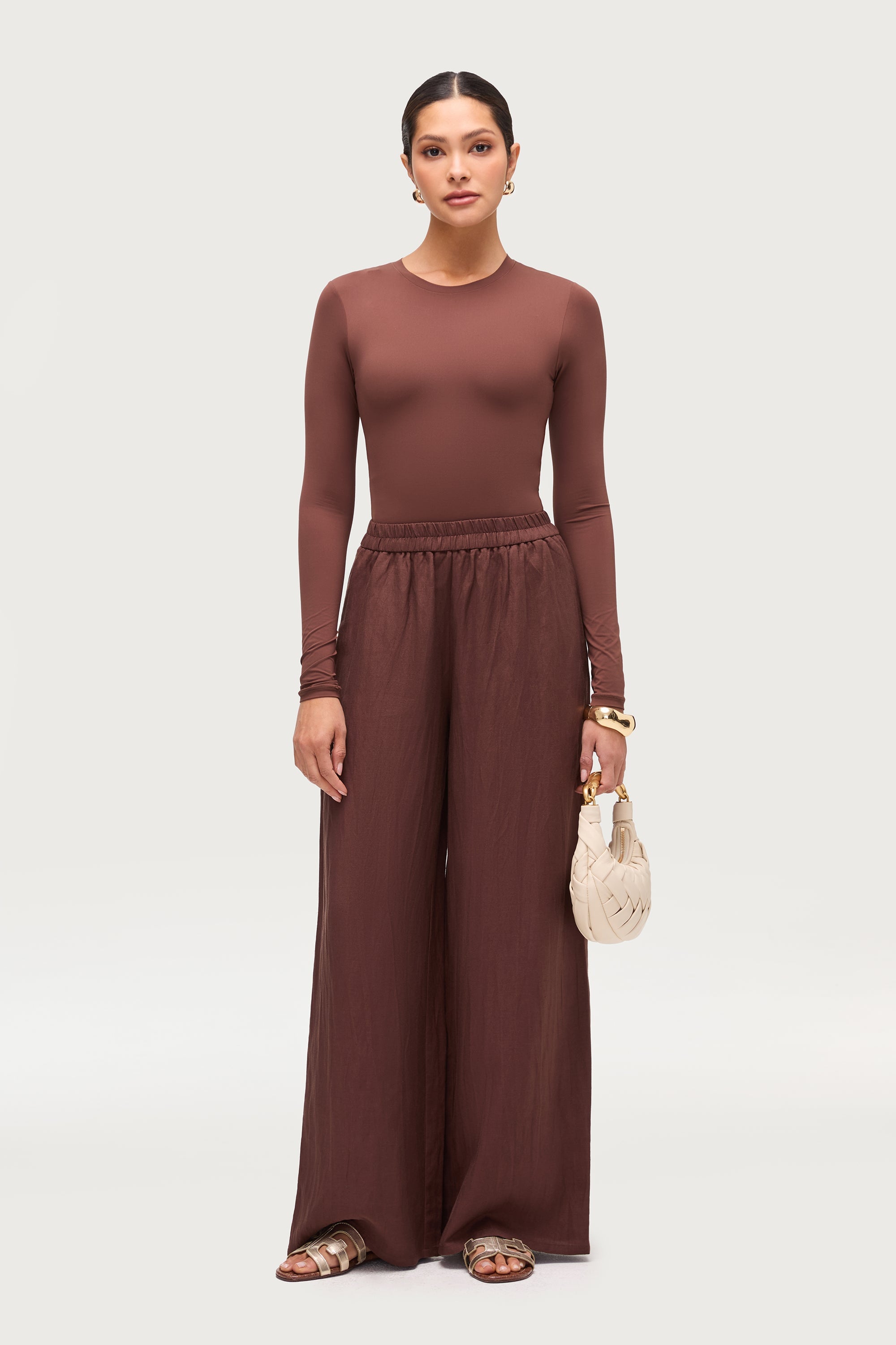 Linen Blend Wide Leg Pants - Chocolate Brown Dresses Veiled