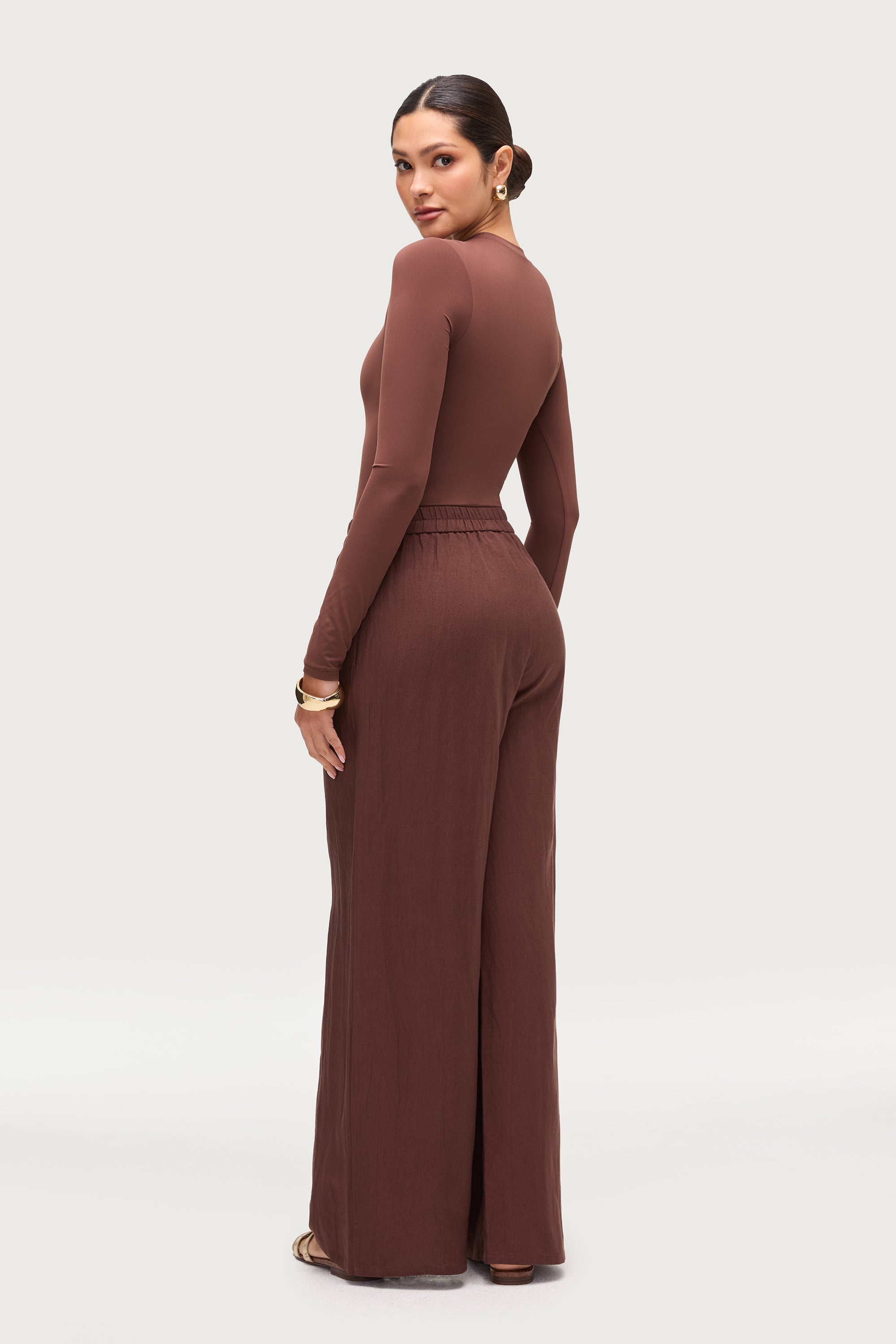 Linen Blend Wide Leg Pants - Chocolate Brown Dresses Veiled