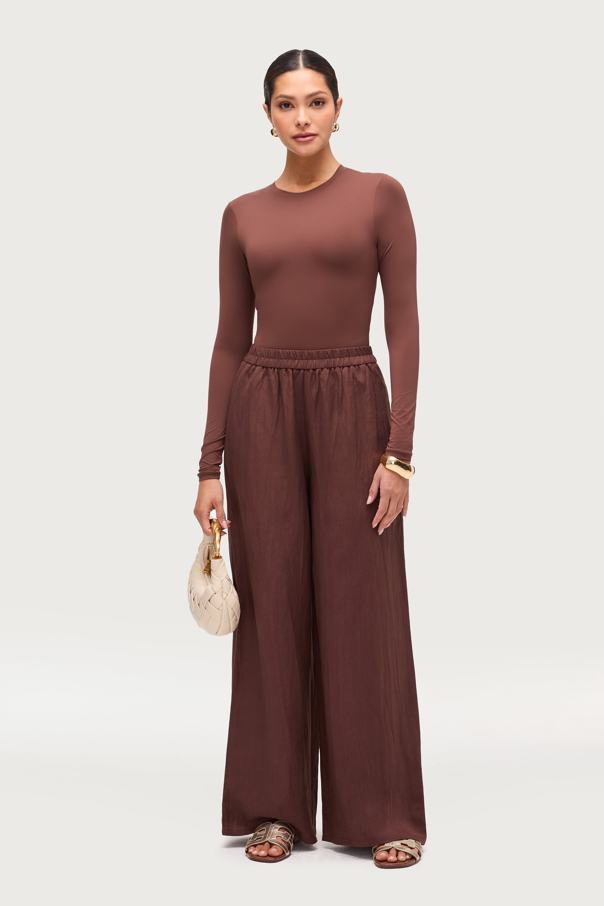Linen Blend Wide Leg Pants - Chocolate Brown Dresses Veiled