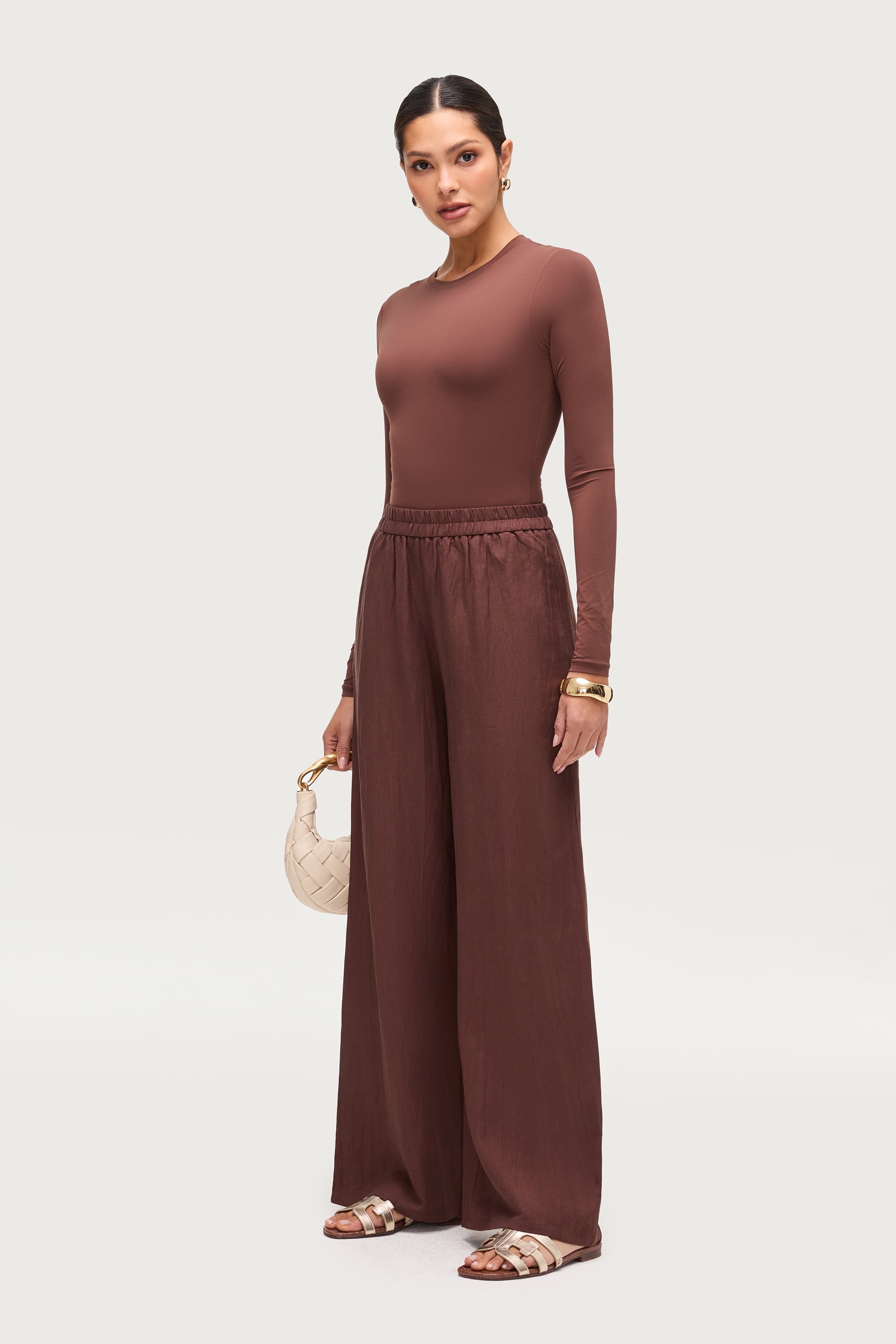 Linen Blend Wide Leg Pants - Chocolate Brown Dresses Veiled