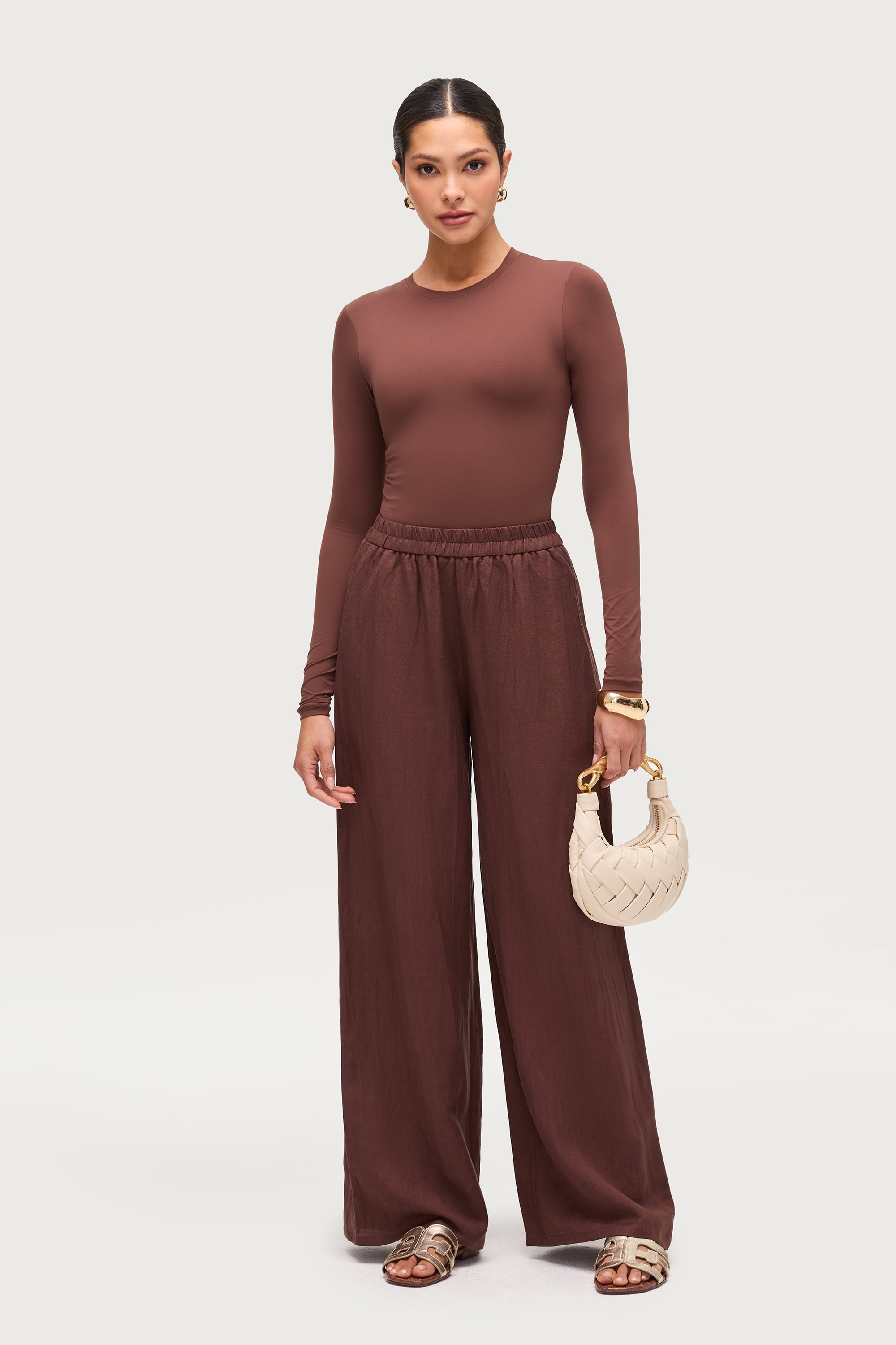 Linen Blend Wide Leg Pants - Chocolate Brown Dresses Veiled
