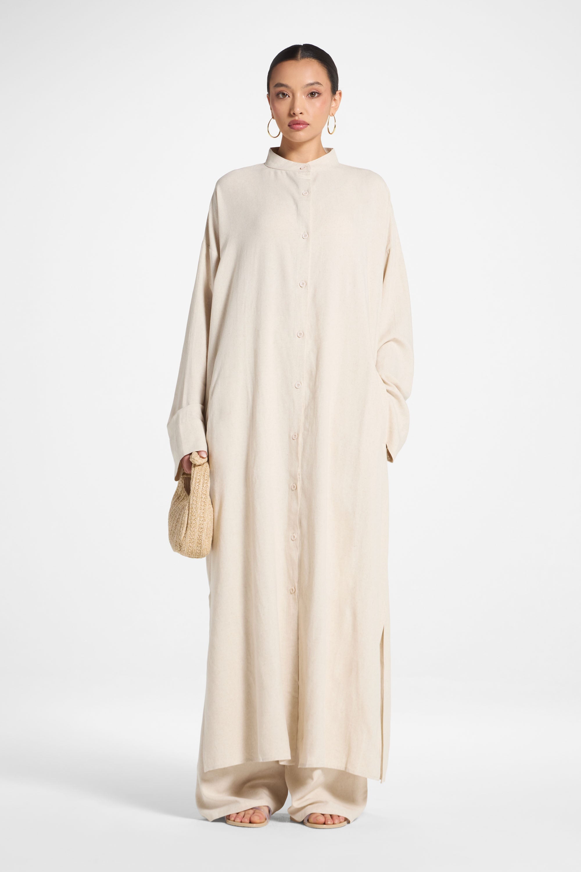 Linen Button Down Top & Pants Set - Off White Abayas Veiled