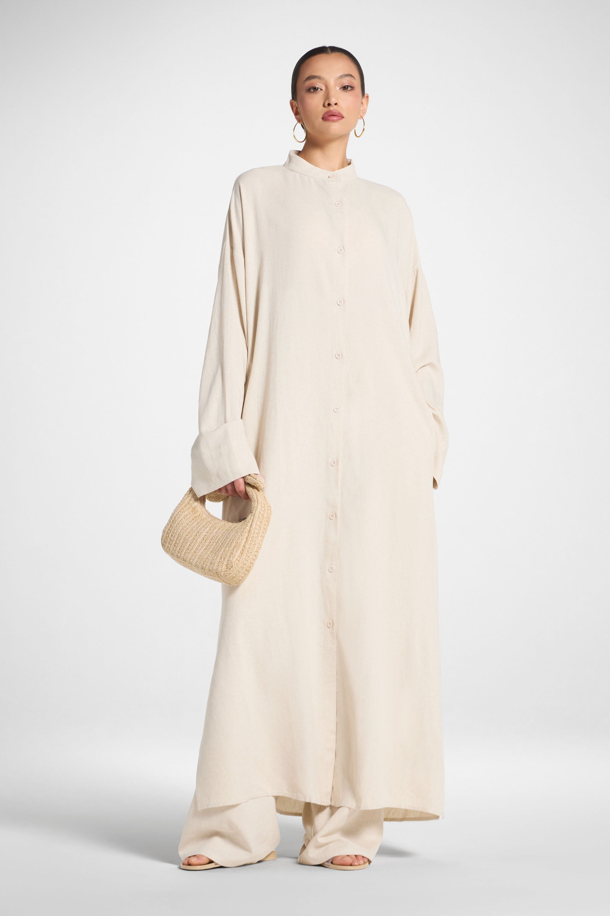 Linen Button Down Top & Pants Set - Off White Abayas Veiled