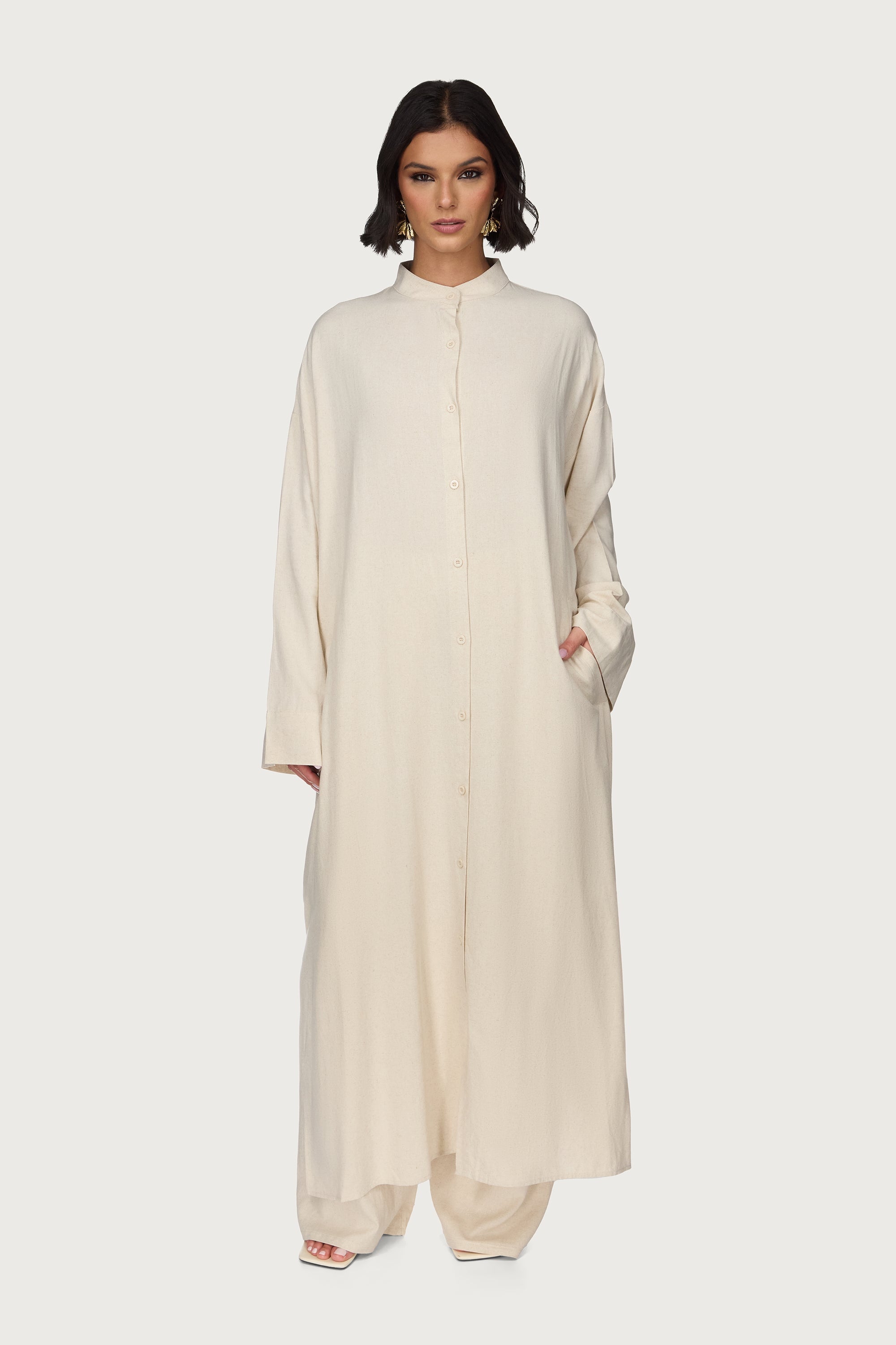 Linen Button Down Top & Pants Set - Off White Abayas Veiled