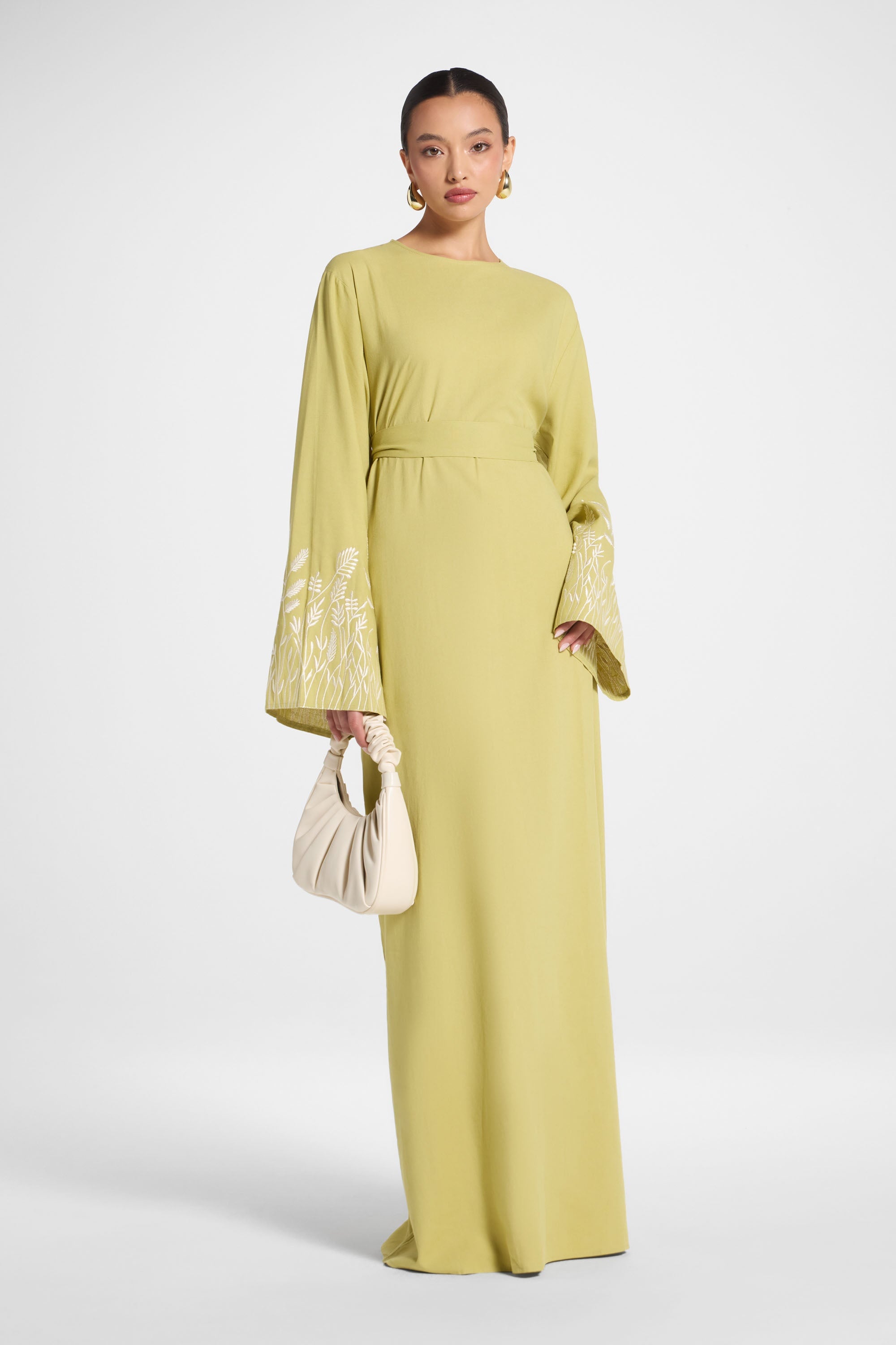 Linen Embroidered Maxi Dress - Citron Abayas Veiled